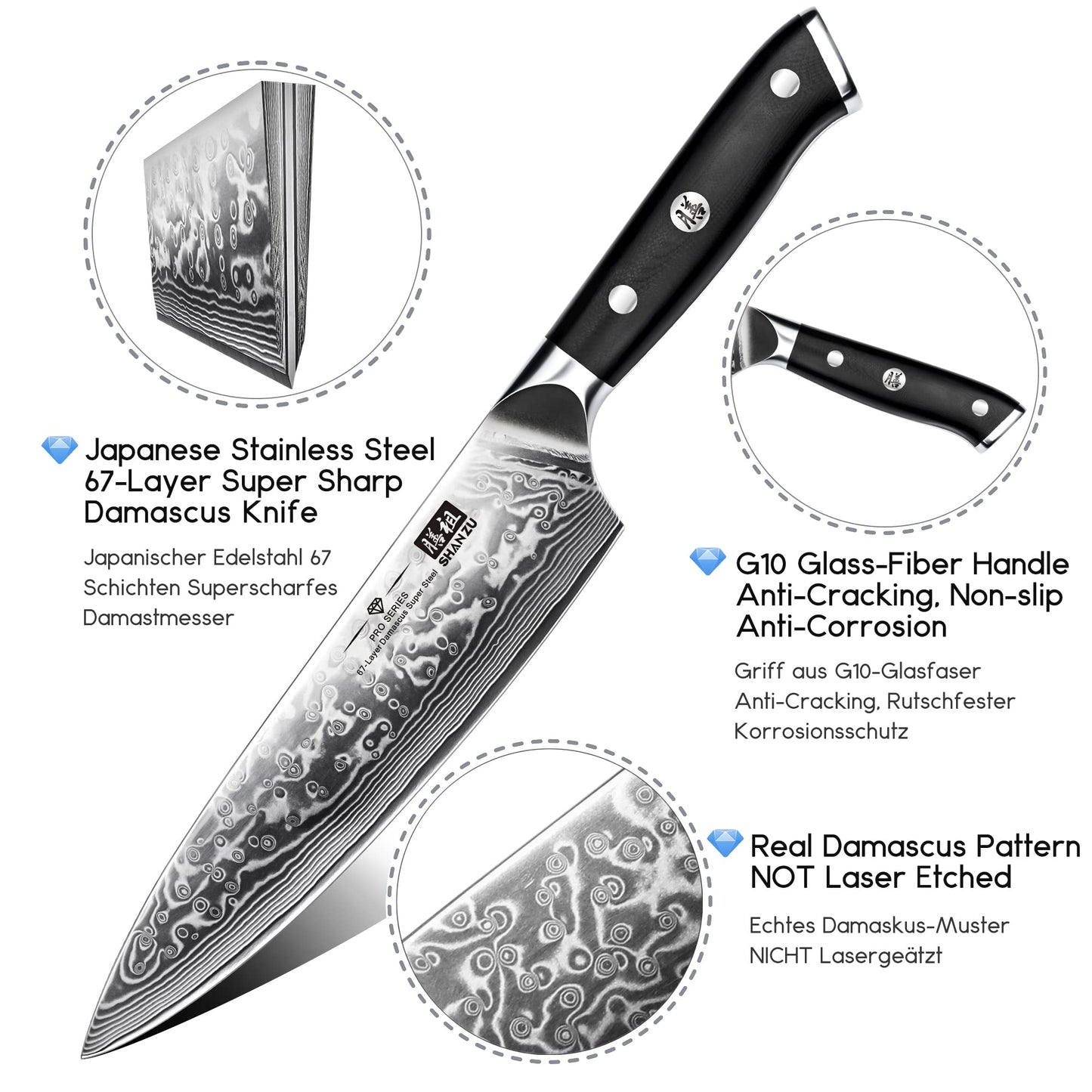SHAN ZU 3-piece Damascus Knife Set, made of Japanese super steel with high carbon content. It features a G10 handle and comes in a gift box.