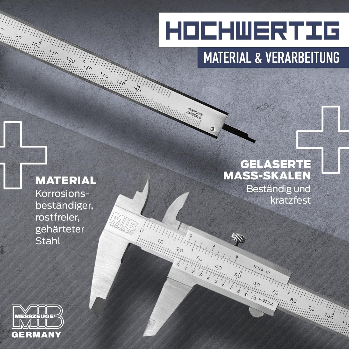 MIB Vernier caliper with locking screw DIN 862 150mm | Stainless steel caliper | Analog caliper | Vernier caliper with matt chrome finish | Precision measuring instrument for 4-way measurement | Measuring tool