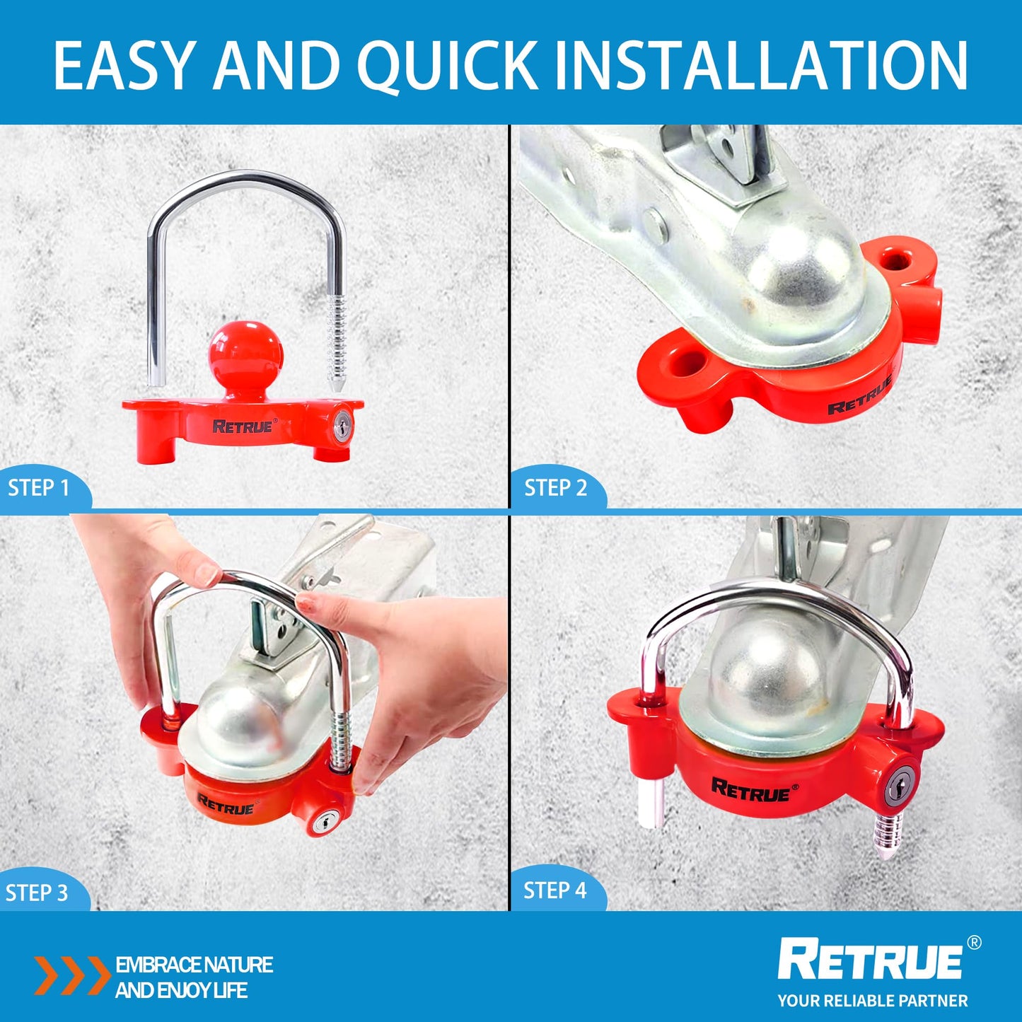 RETRUE Trailer hitch lock, theft protection for common trailer couplings, trailer ball lock coupling lock. Trailer security lock with 2 keys, red.