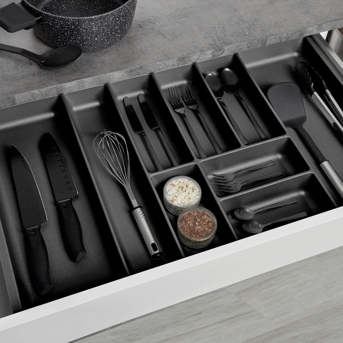Orga-Box 2 cutlery insert Depth: 461 x Width: 809 mm anthracite with canvas texture for 90 cm Nobilia drawer up to 07/2012 (PLEASE MEASURE YOUR DRAWER INSIDE DIMENSIONS!)