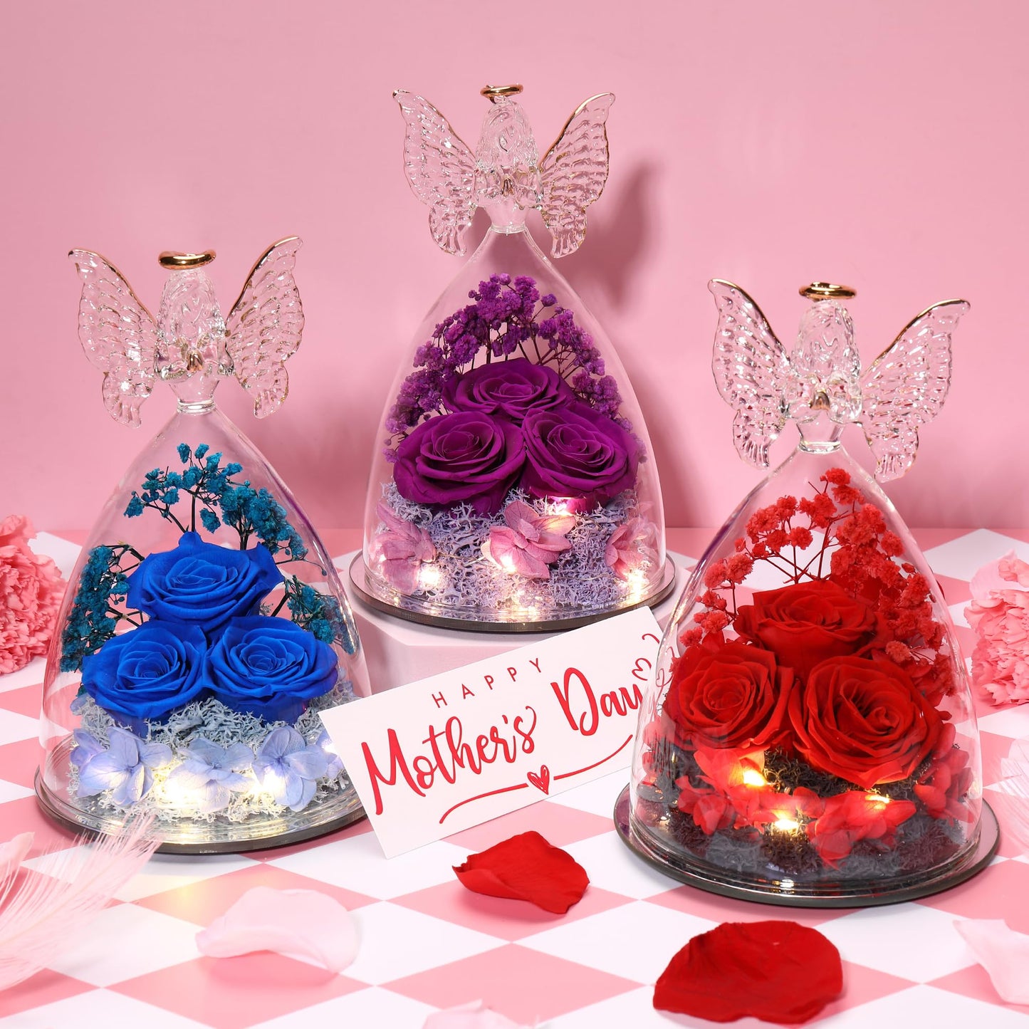 Faneeyo Angel Gifts for Women - Three Preserved Flower Roses in Glass, Birthday Gift for Her, Rose Figurines for Valentine's Day Mother's Day Christmas - Dark Blue