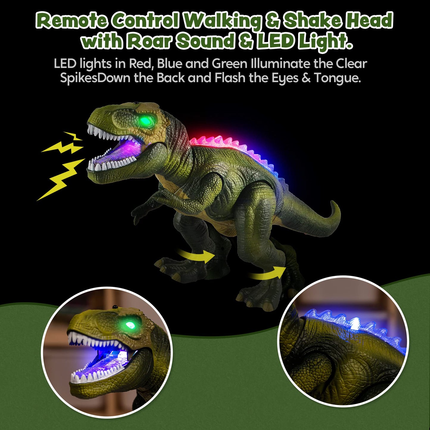 JOYIN Kids LED Remote Control Dinosaur Toy, Electronic T-Rex Dino Toy with Walking, Roaring, Light-up Eyes, and Head Shaking for Toddler Boys Girls.