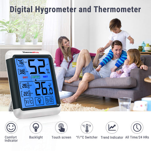 ThermoPro TP55 Digital Thermo-Hygrometer Indoor Thermometer Hygrometer Temperature and Humidity Monitor with Indicator 2 Pack for Room Climate Control.