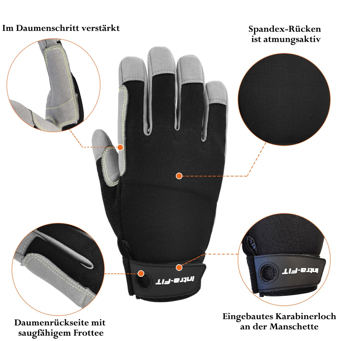 Intra-FIT climbing gloves with synthetic leather construction provide abrasion protection for rappelling, mountaineering, adventure, outdoor sports, and rescue.