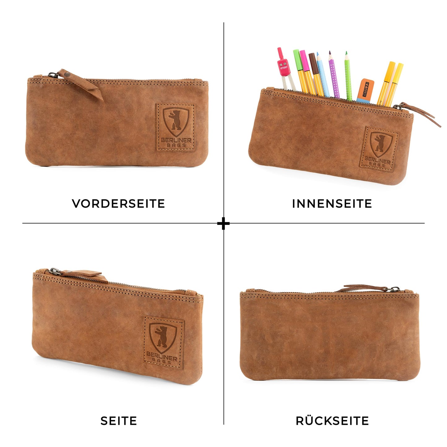 Berlin Bags Vintage leather pencil case with YKK zipper, durable pen pouch for pencils and accessories - Brown.