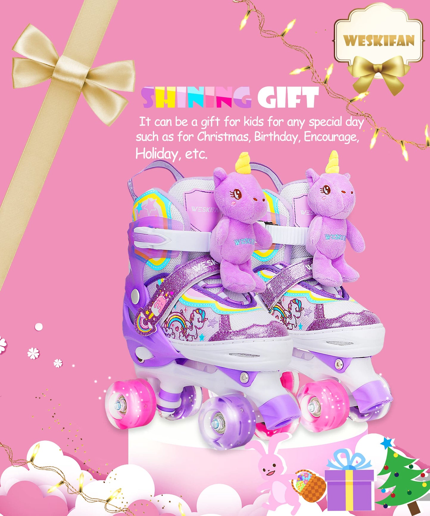 Children's unicorn doll roller skates for girls, adjustable in 4 sizes with glowing wheels. Quad roller skates for beginners, perfect for Christmas and birthday gifts. Size S (30-33).