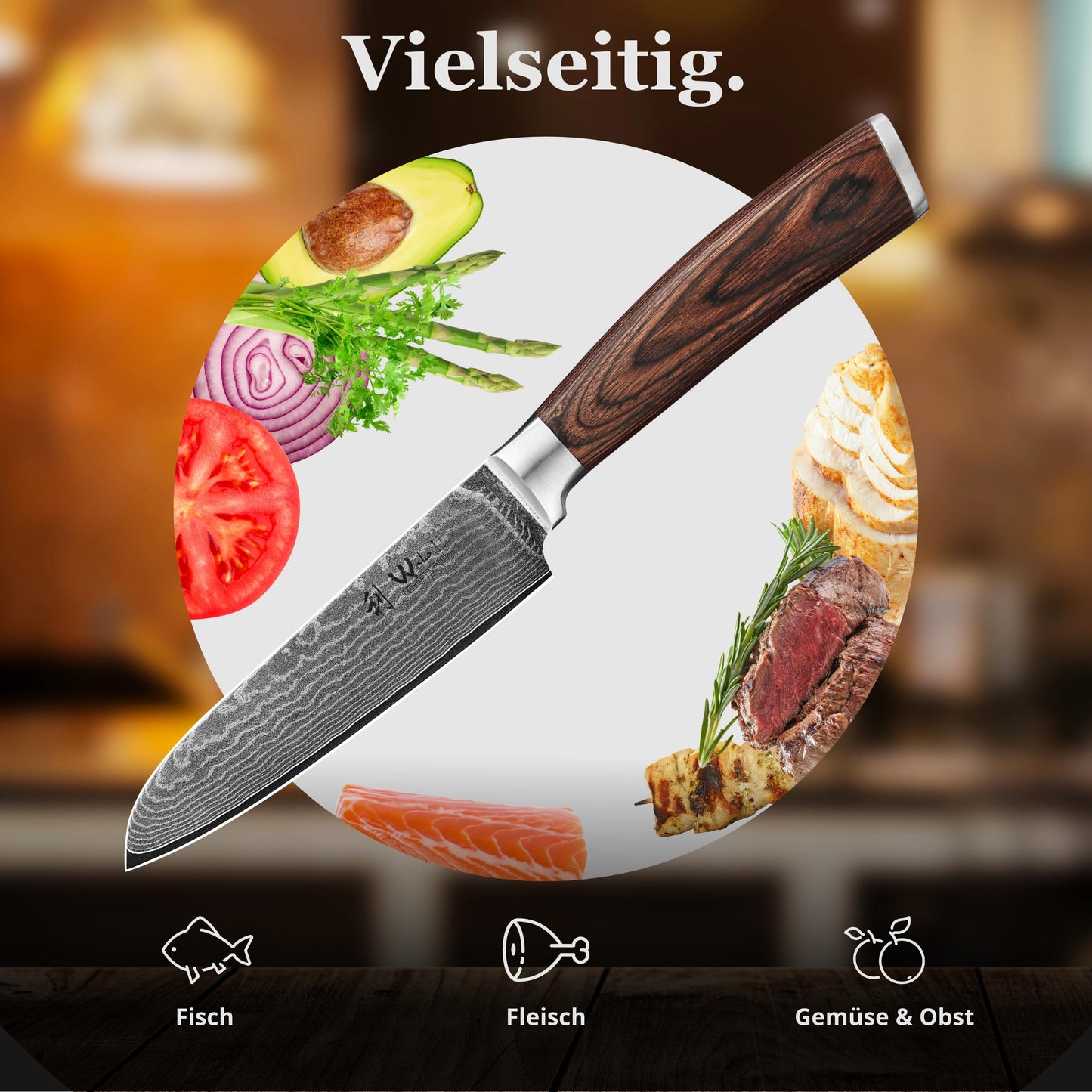 Wakoli EDIB Santoku knife 12cm - Small kitchen knife - VG10 core & 67 layers of damascus steel - Sharp damascus knife for vegetables & fruits - Pakkawood handle - Chef's knife - Gift box - Addition to knife set