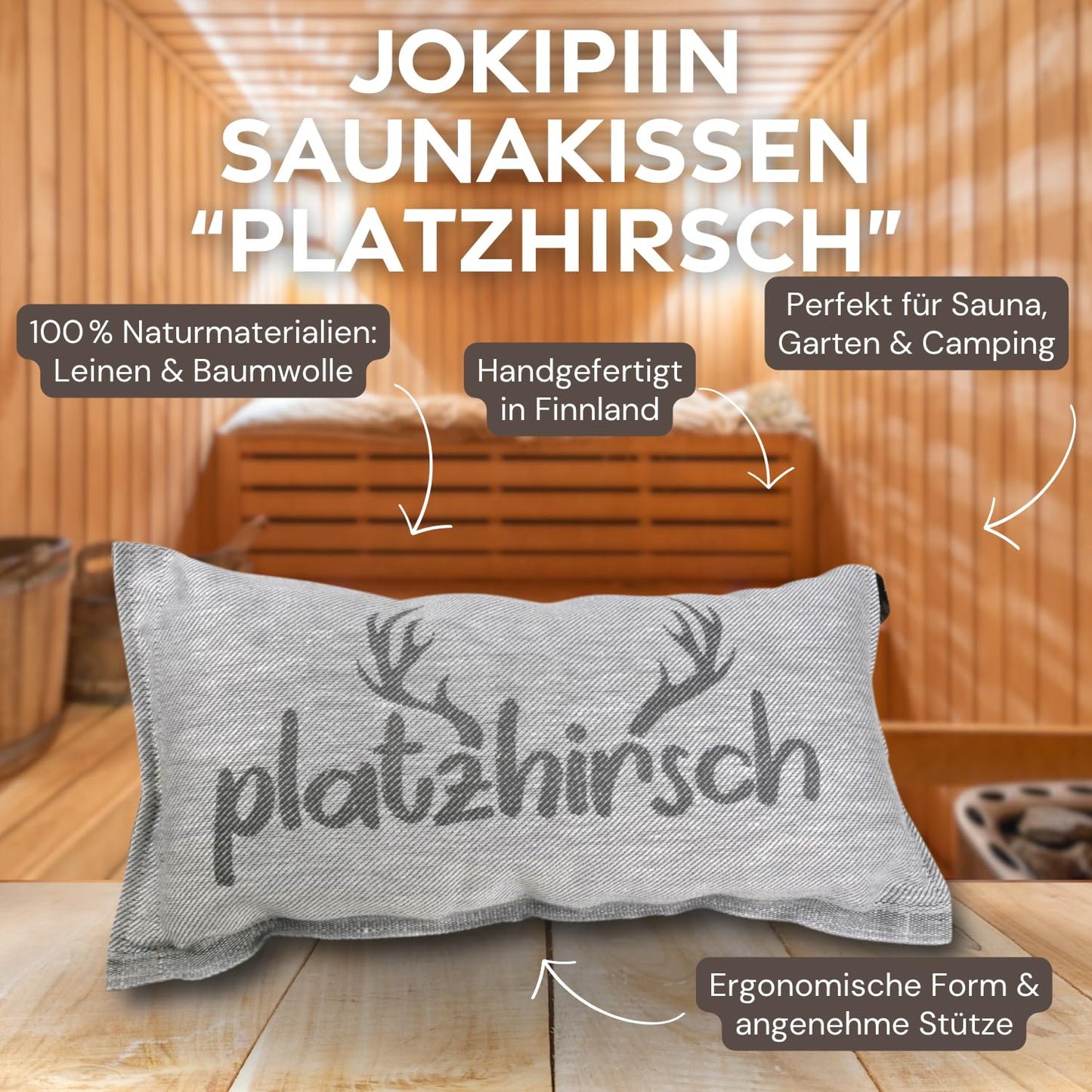 Jokipiin Premium Sauna Pillow 40 x 22 cm - 100% Made in Finland - Travel Pillow Ecotex Linen Cotton Sauna Pillow Headrest Wellness Neck Support Favorite Pillow Headrest (1x Stag)