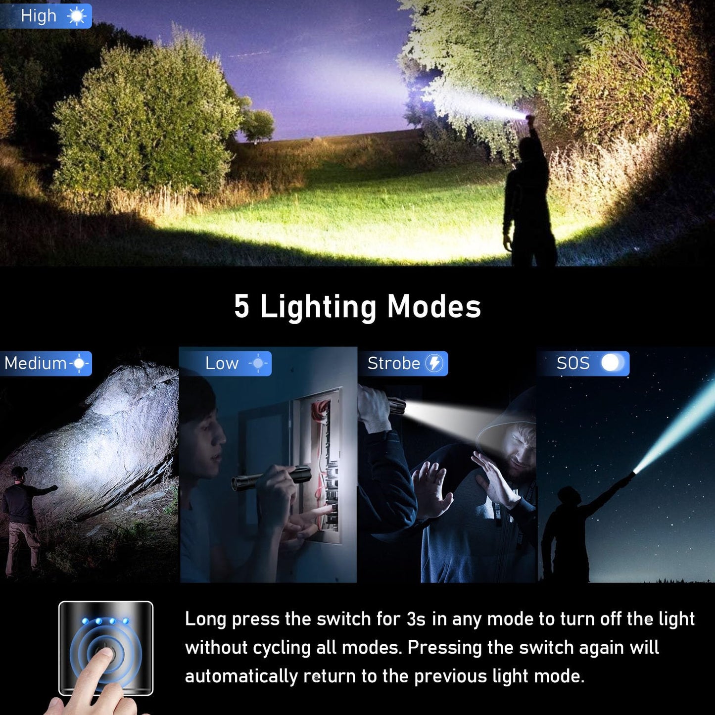 Blukar rechargeable LED flashlight, 2 pieces 2000 lumens super bright zoomable flashlights with 5 light modes & long runtime, IPX6 waterproof handheld lamp for camping, hiking, fishing, emergencies.