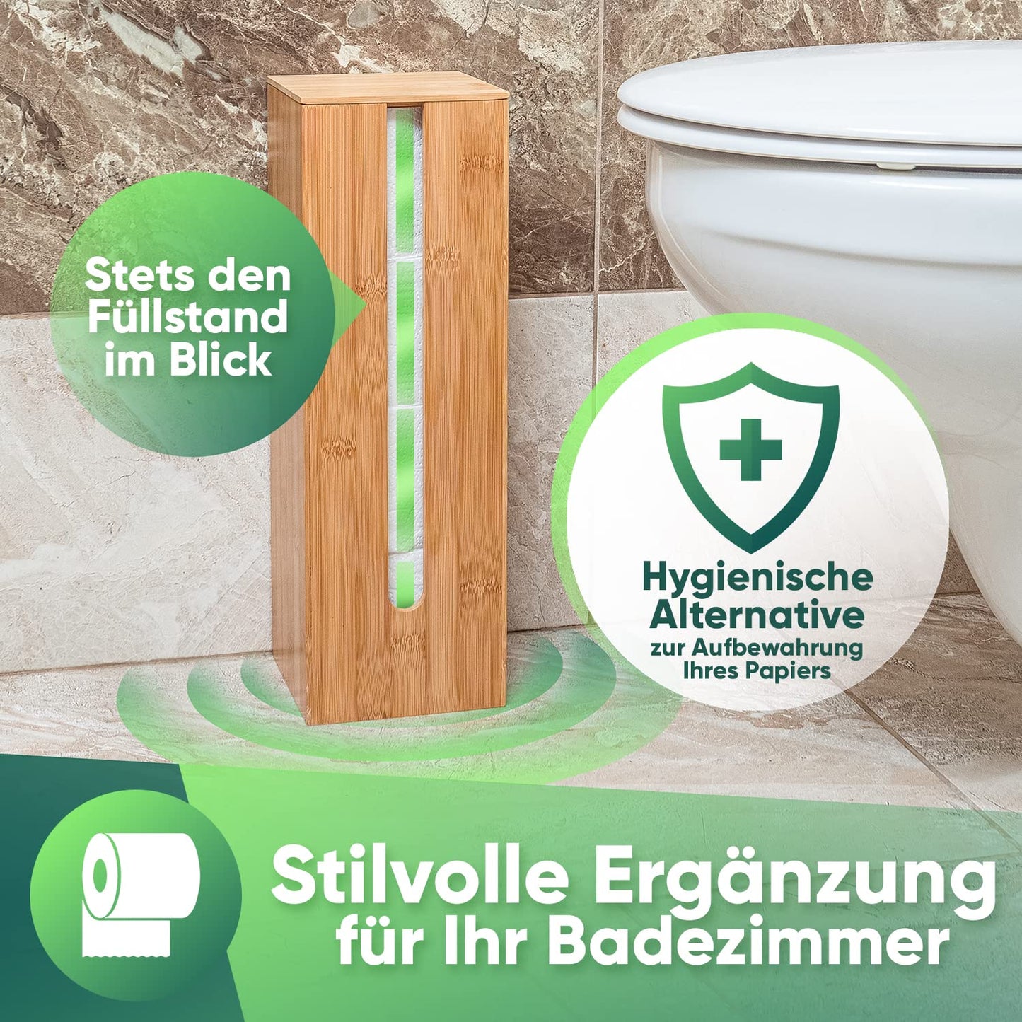 Loco Bird bamboo toilet paper holder - storage for 4 rolls - freestanding toilet paper holder with lid, wooden toilet paper storage, toilet paper roll holder.