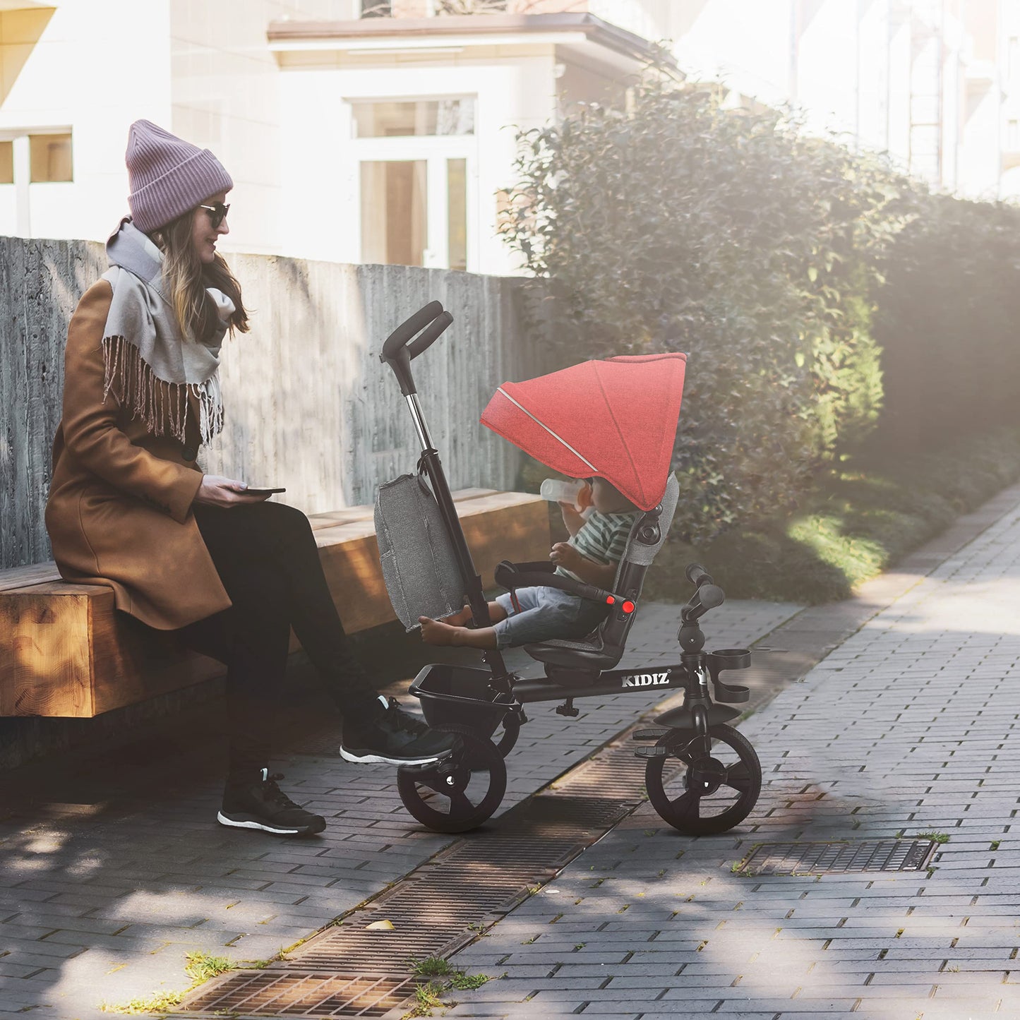 KIDIZ® 6in1 tricycle for kids with push handle, steerable from 9 months up to 25kg. Jogger with forward & reverse ride, basket, bag, drink holder, sunshade, rubber tires, foldable red.