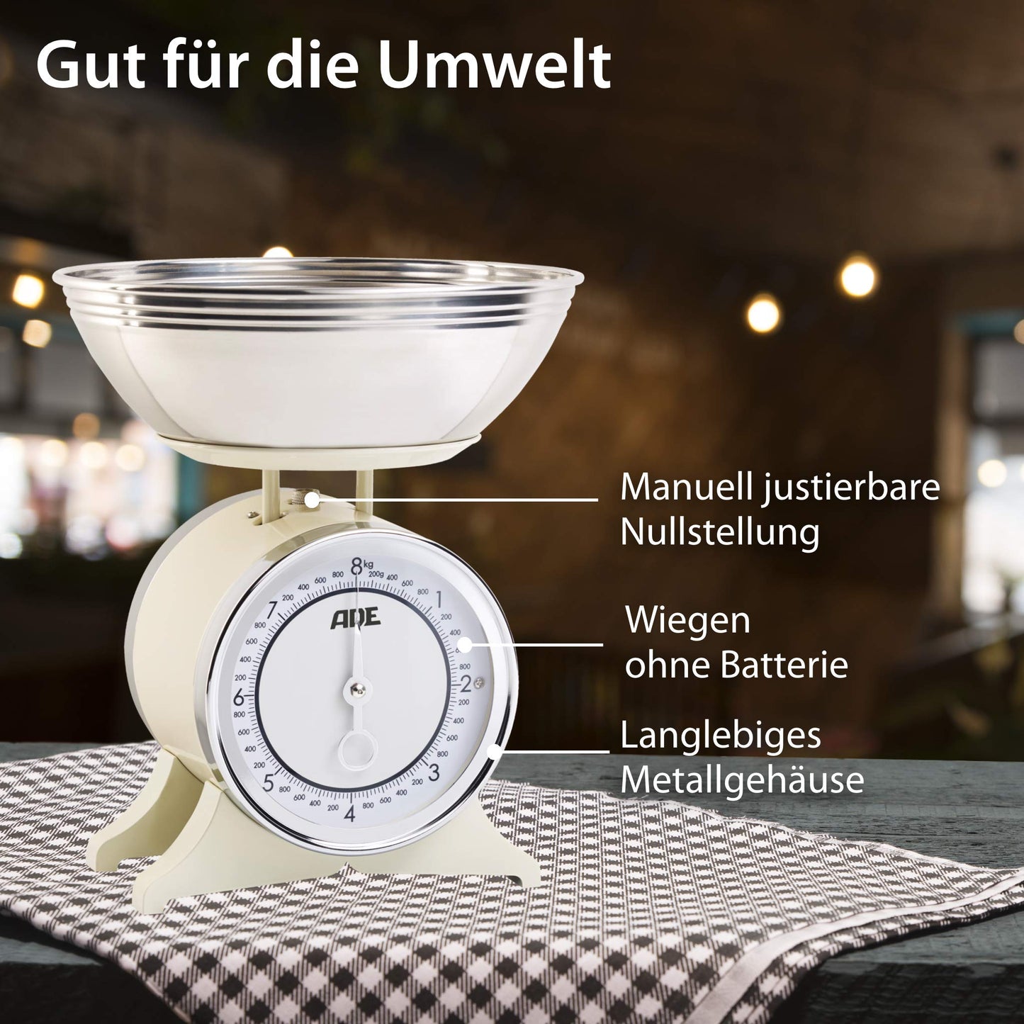 ADE Retro-style mechanical kitchen scale | precise display up to 8 kg | classic analog metal bowl scale | high-quality removable stainless steel bowl | cream white