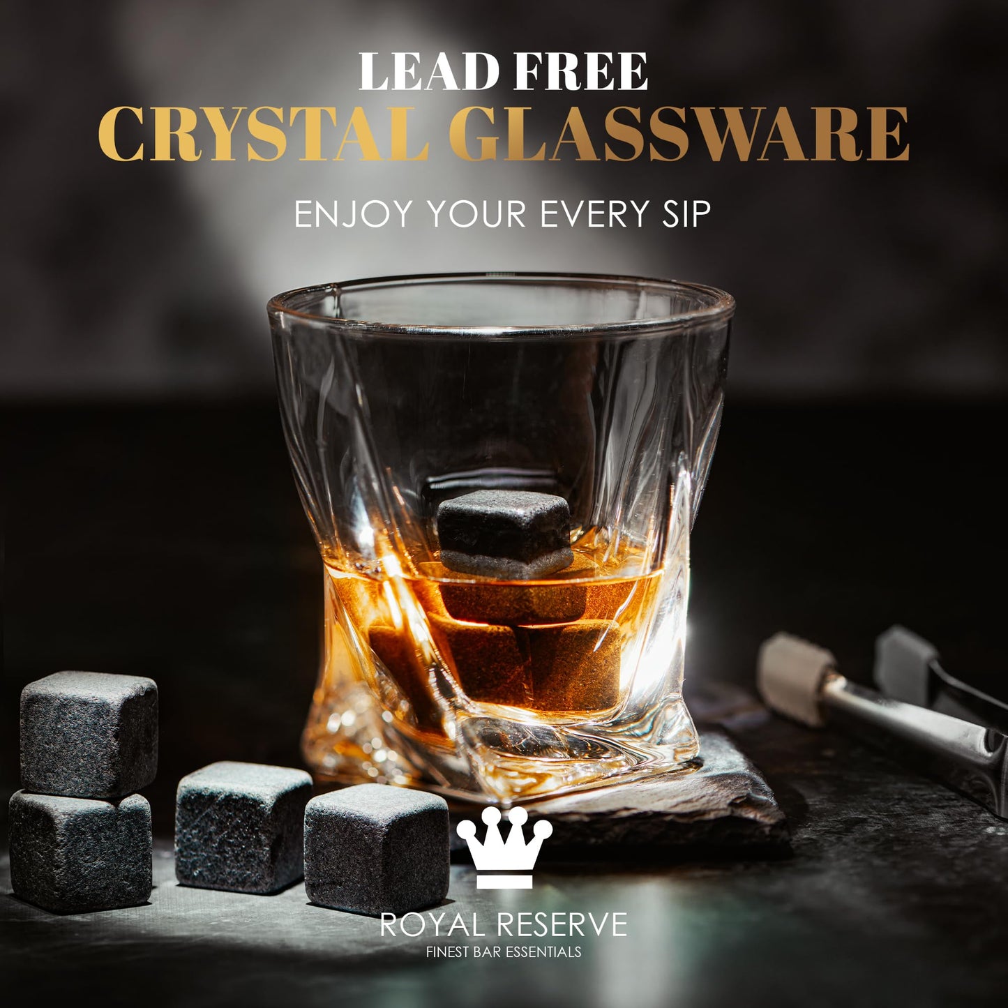 Whiskey gift set – Whiskey glasses, stones, ice tongs, coasters, wooden chest, velvet pouch, history and recipe cards – accessory set, gift for men, husband by Royal Reserve.