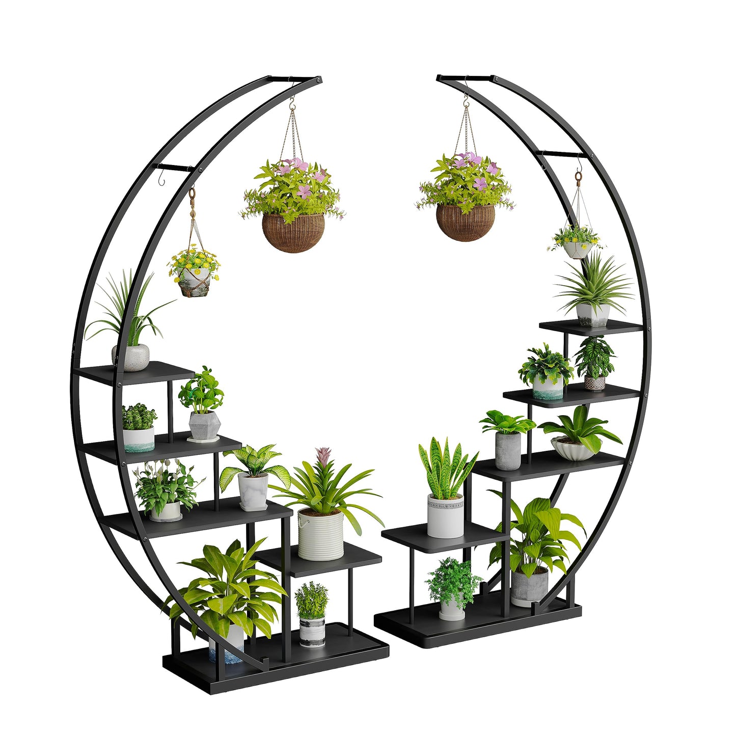 Rebel 5-tier metal plant stand in half-moon shape 172cm tall, plant shelf with 5 shelves & hooks, high flower stand plant ladder with tip protection for balcony living room patio (2 pieces, black)