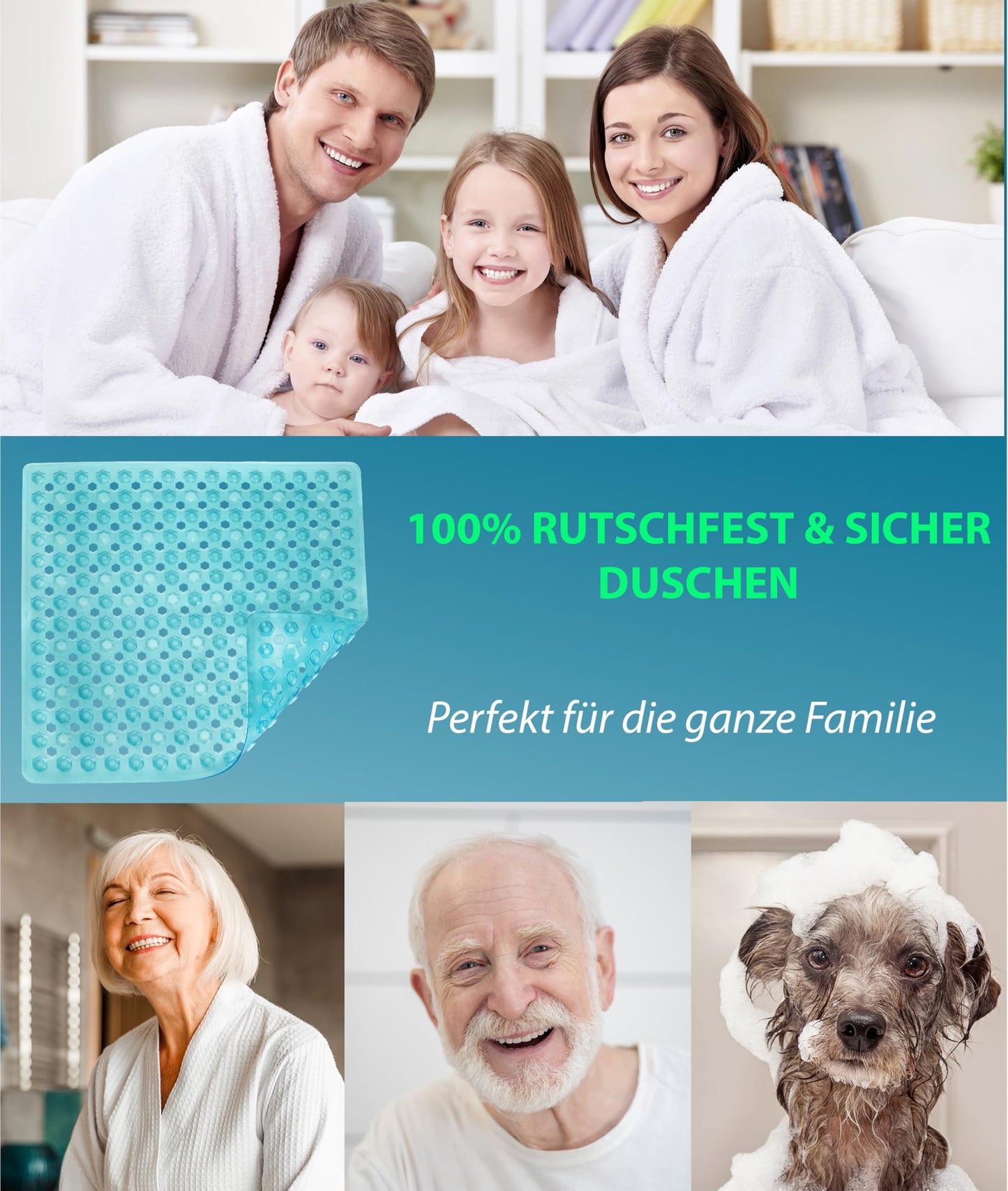 Blumbach® Non-Slip Shower Mat 53x53cm - 100% BPA-free - Includes 2 hooks for hanging - non-slip grip shower & bathtub mat, shower insert, mold-resistant & machine washable.