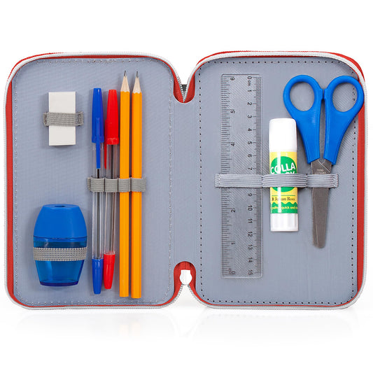 Clondo Boys 3-compartment pencil case for Spiderman fans - 45-piece, fully stocked - with scissors, glue, colored pencils 3.0 - Red - ideal for school & as a gift