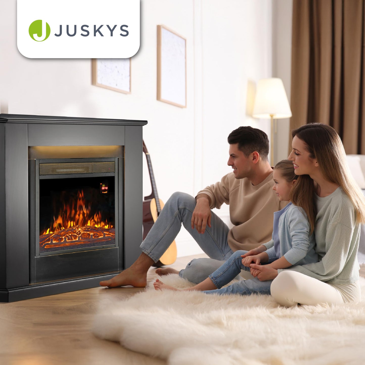 Juskys Electric Fireplace 1000/2000 W with heating, fireplace, flame effect, remote control, LED lighting & timer - Electric Corner Fireplace in black.