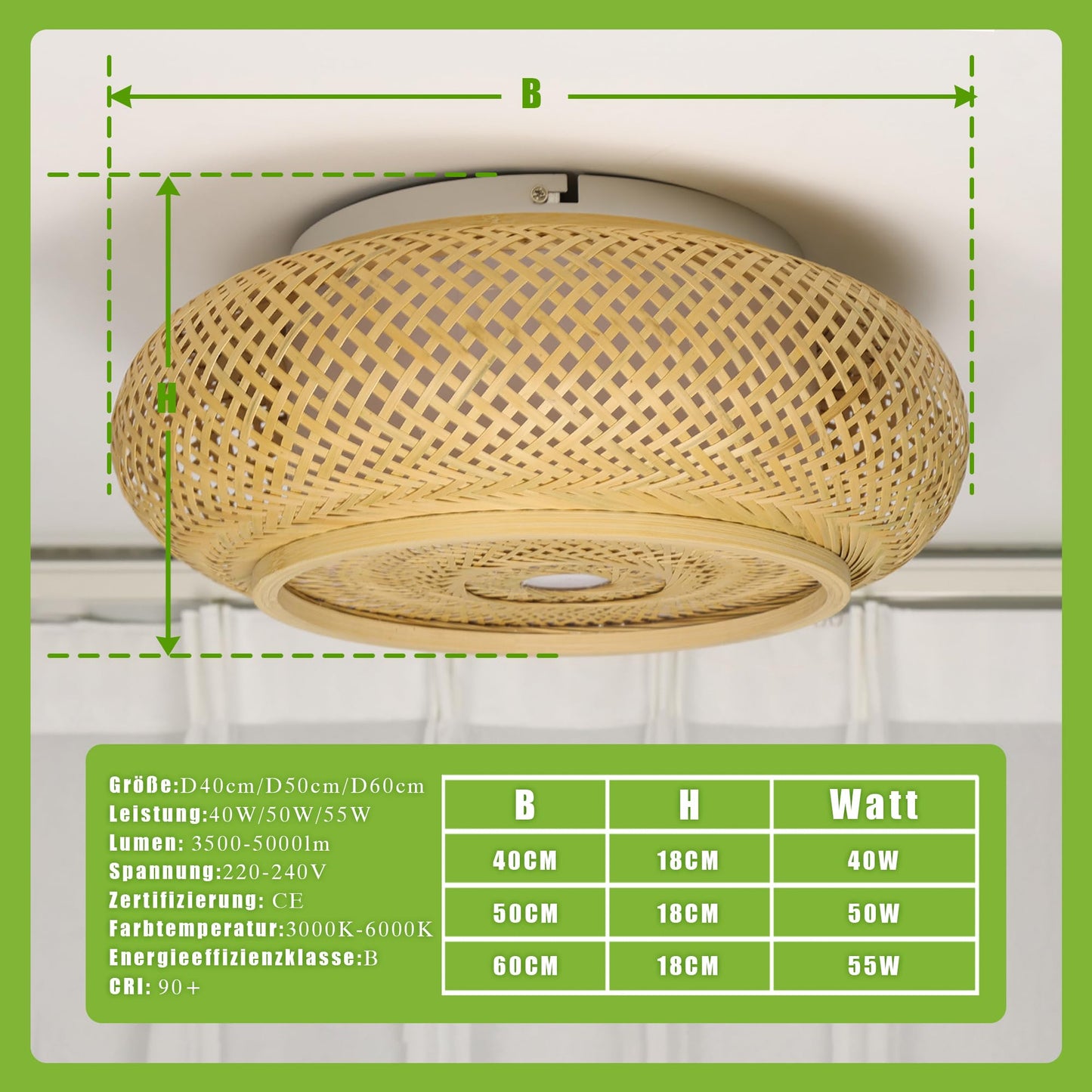 Bamboo LED ceiling light with remote control, dimmable handwoven natural wood lamp. Retro rattan design, 50W, round shape for bedroom, living room, hallway, 50cm.