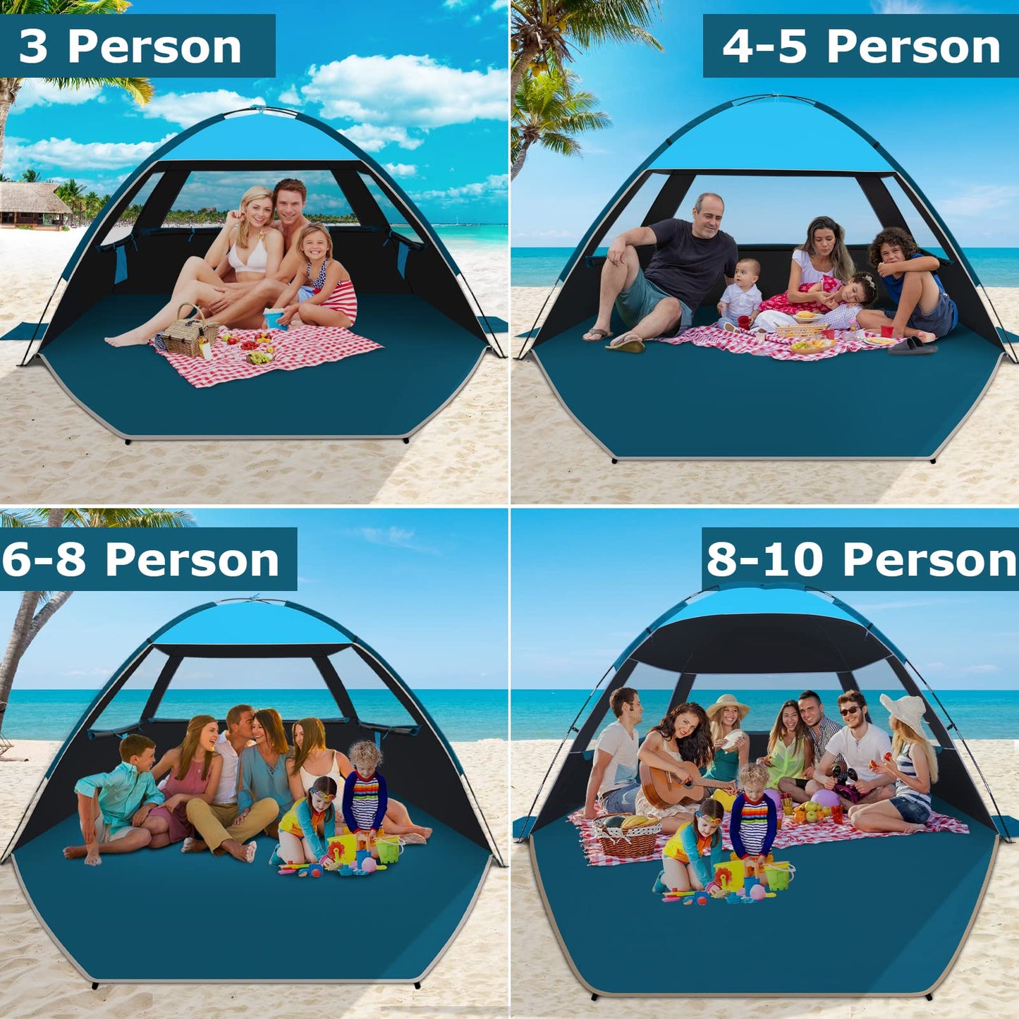 COMMOUDS beach tent for 4-6 people, UPF 50+ beach sun shelter with dark canopy, beach umbrella Lightweight, Easy to Set Up And Carry Beach tent