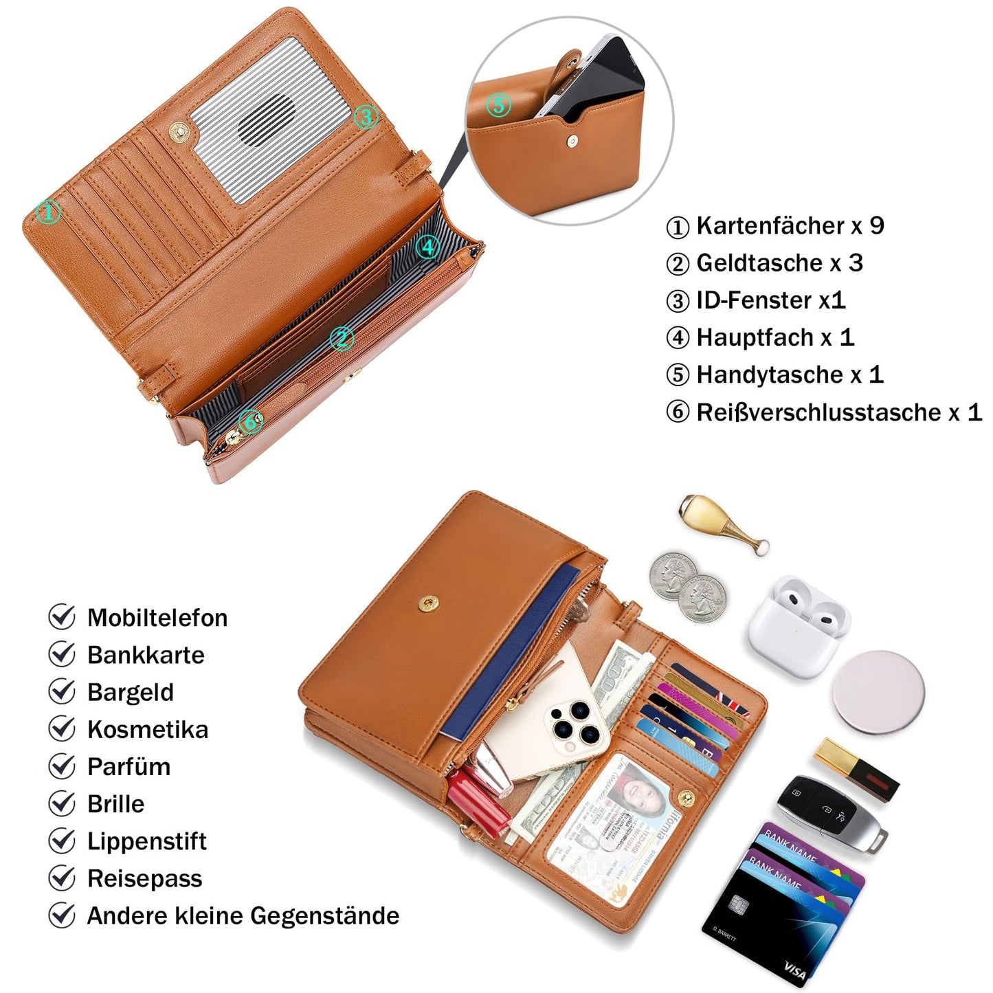 Nuoku crossbody bag for women, with wallet and functional compartments.