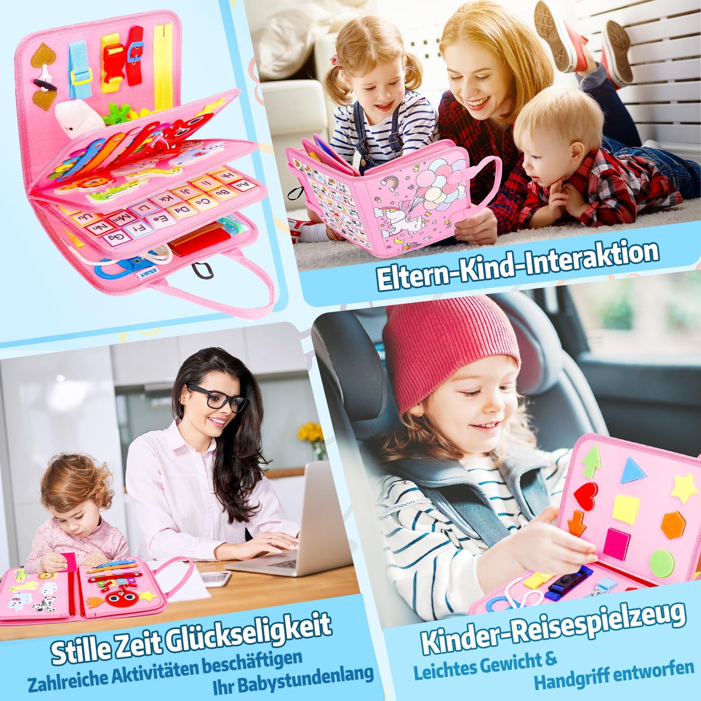 Esjay Busy Board German Montessori Toy for Toddler Girls, Activity Board Book Motor Skills Toy, Gift for Girls Birthday, Learning Toy Motor Skills Board for Travel by Car or Plane, German Pink