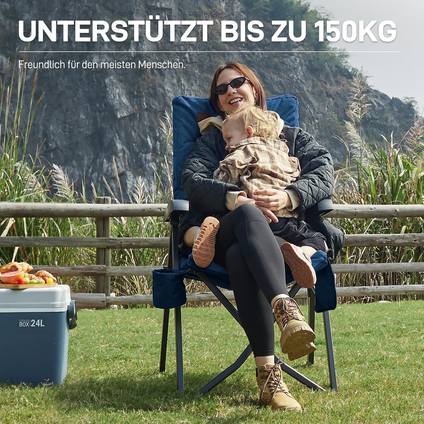 EVER ADVANCED Folding Camping Chair with 4-Position Adjustable Backrest, up to 150 KG Capacity. Padded with 6cm thickness, featuring a side pocket and cup holder. High backrest for camping, garden, or balcony use.