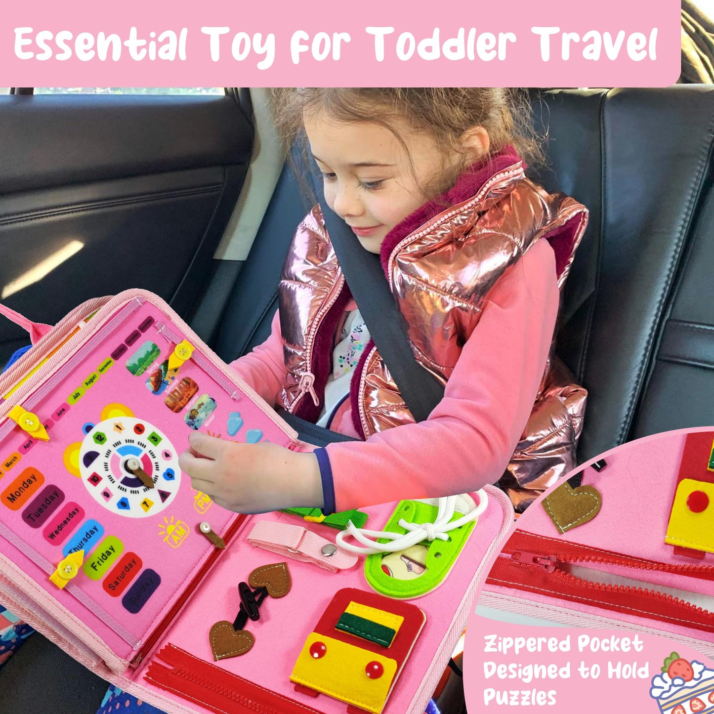 TenFans Busy Board - Montessori toy for 1-4 year olds - Sensory toys - Gifts for girls to learn fine motor skills - Educational activities travel toy for car and airplane