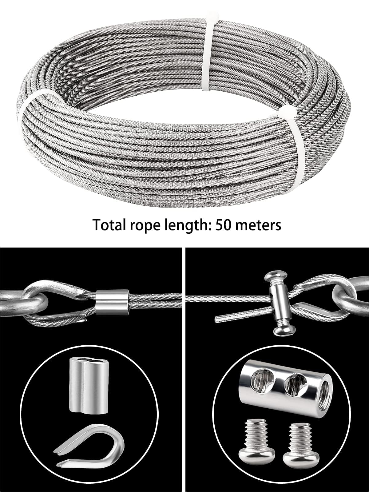 TooTaci 3mm Wire Rope Set for indoor use - 50M PVC coated stainless steel cable with M3 rope end sleeves & carbon steel wire rope clamps - Perfect for hanging, curtain wire, and indoor lighting.