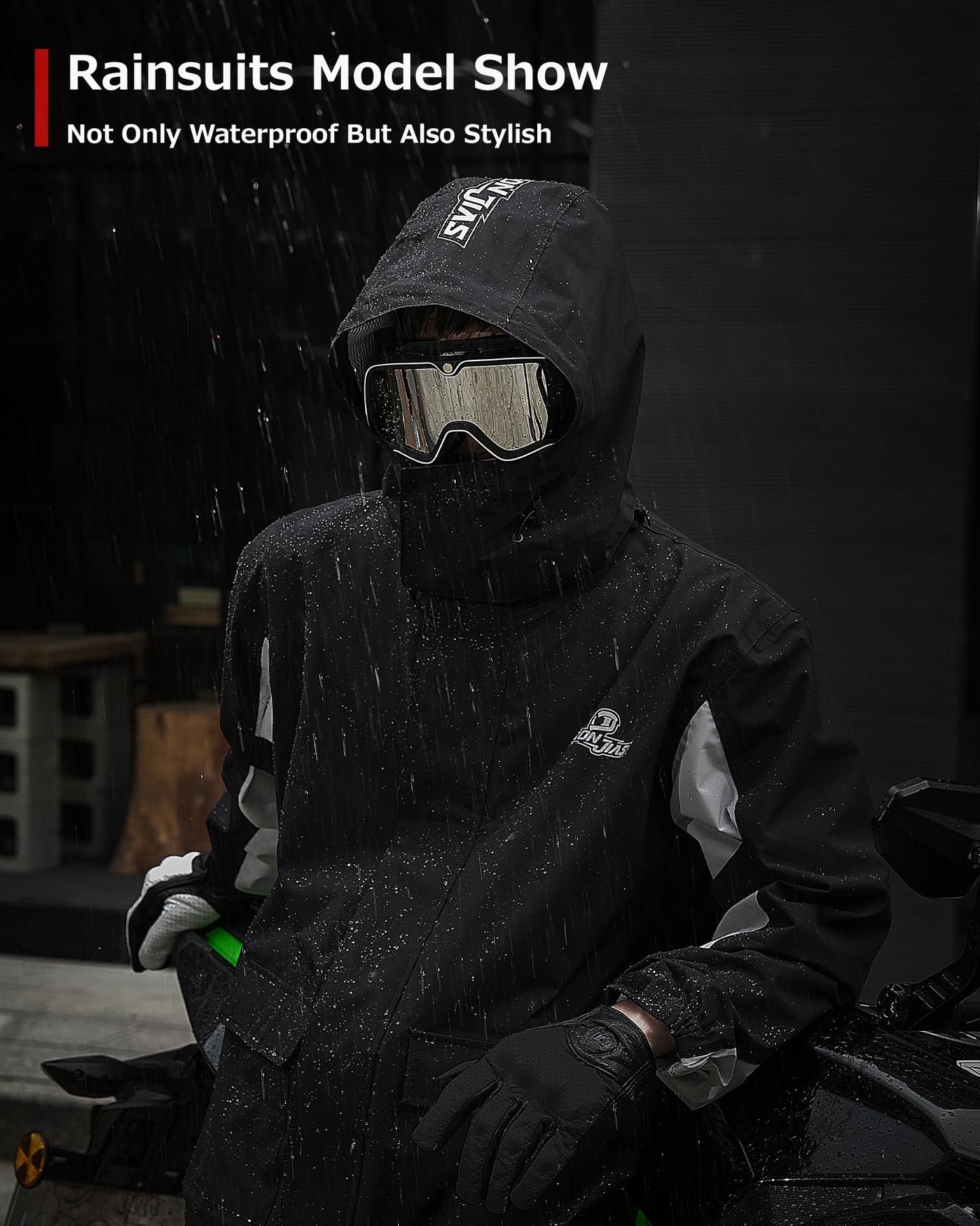 IRON JIA's men's motorcycle rain suit waterproof windproof breathable reflective with hood with zipper high-quality outdoor raincoat-black-L