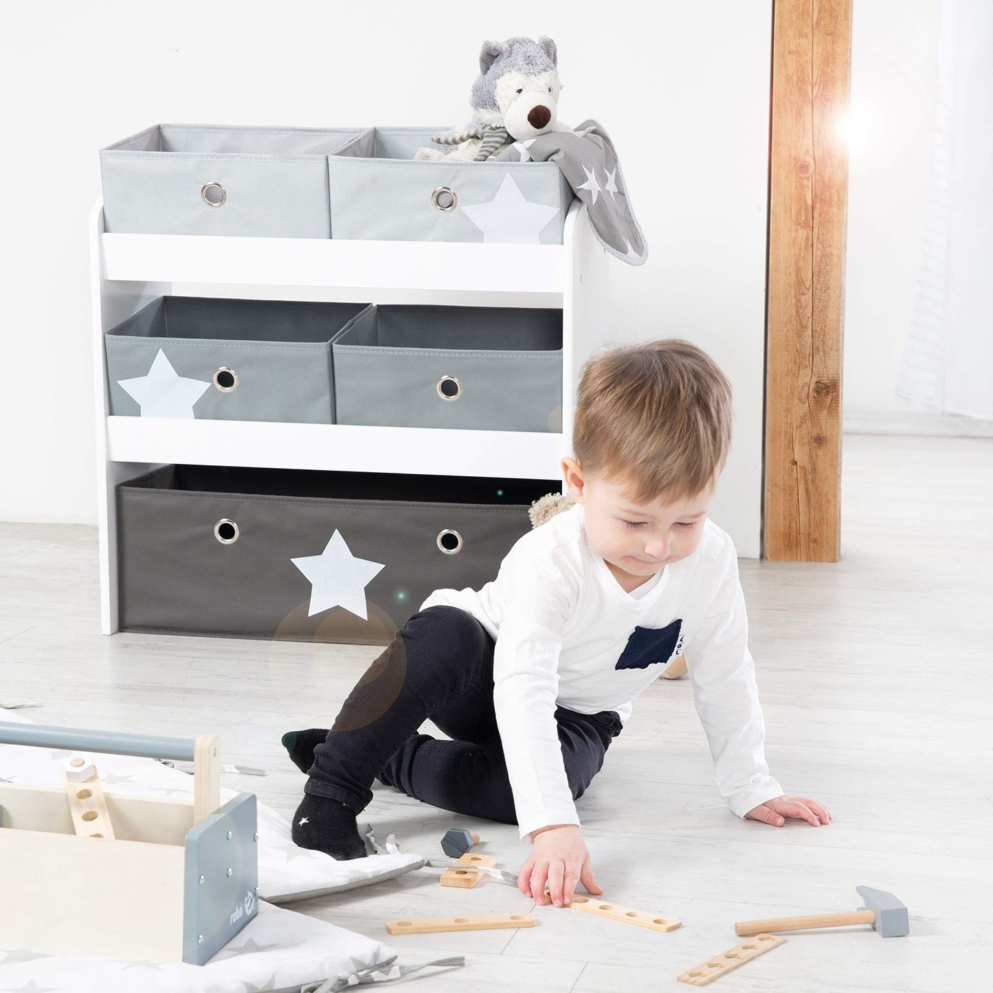 Roba Play Shelf Stars - Toy Shelf for Children's Room with 5 Fabric Boxes - with Star Motif - Storage Shelf for Boys and Girls - White Wood