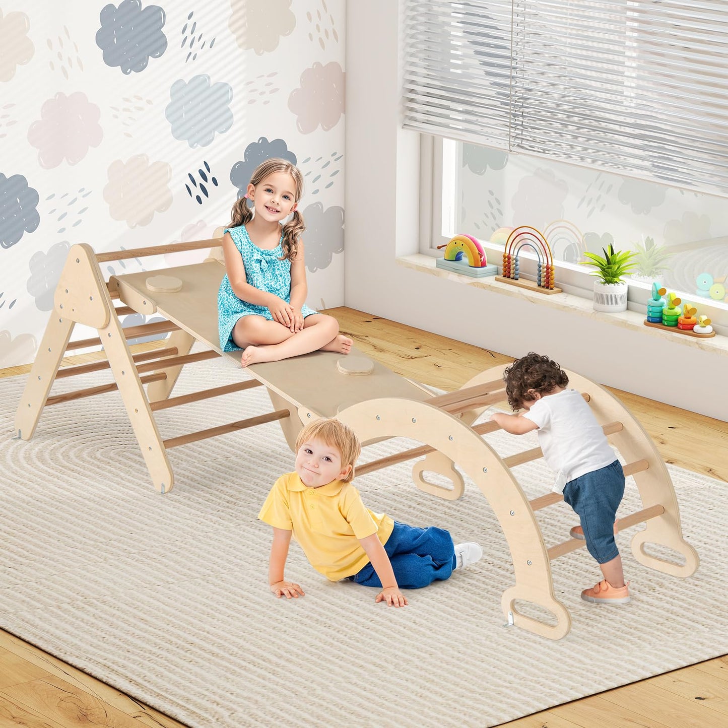 GOPLUS Climbing Frame Indoor, 4 in 1 Climbing Triangle & Climbing Arch & Ladder & Slide, Rung Triangle Playground for Climbing, Sliding and Rocking, for Toddlers from 1 year old (Natural)