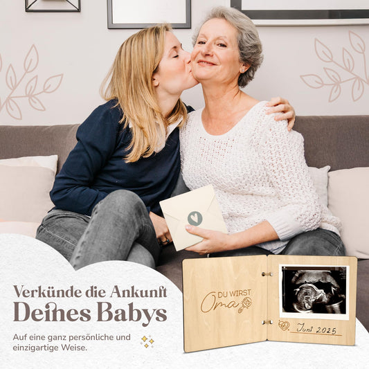 Announcing pregnancy with wooden book (You're going to be a grandma)