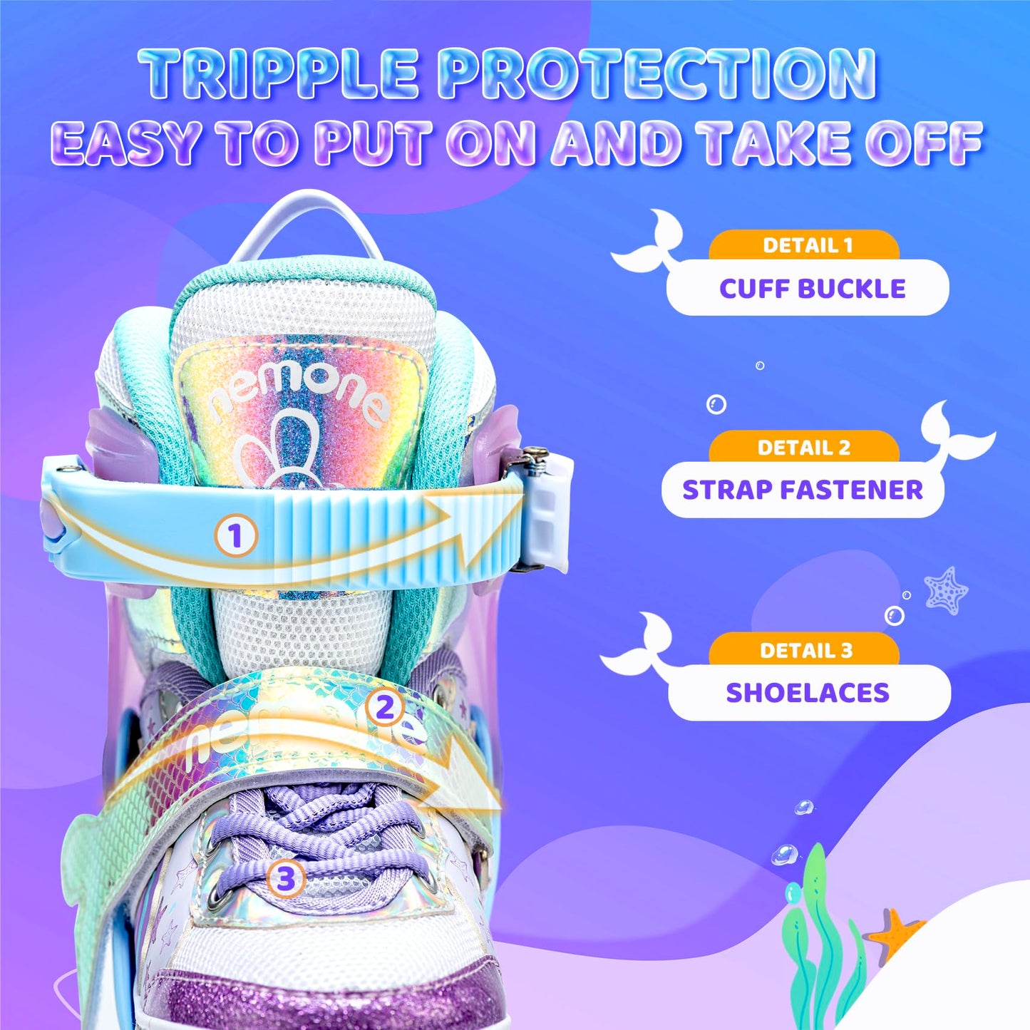 NEMONE inline skates for girls, adjustable in 4 sizes, blue purple inline skates for kids indoor outdoor girls children