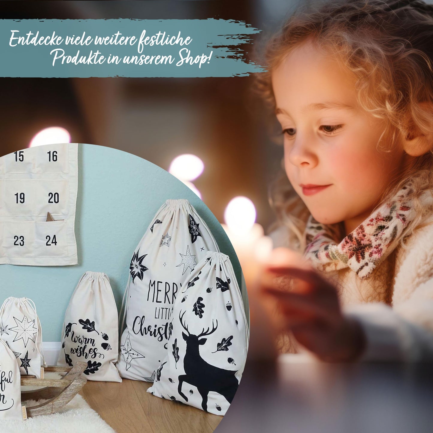 Paper Dragons fabric Advent calendar 2024 for filling - a little light is burning - high quality embroidered - fabric bags for decorating yourself - gift pouches - reusable tapestry set No. 31
