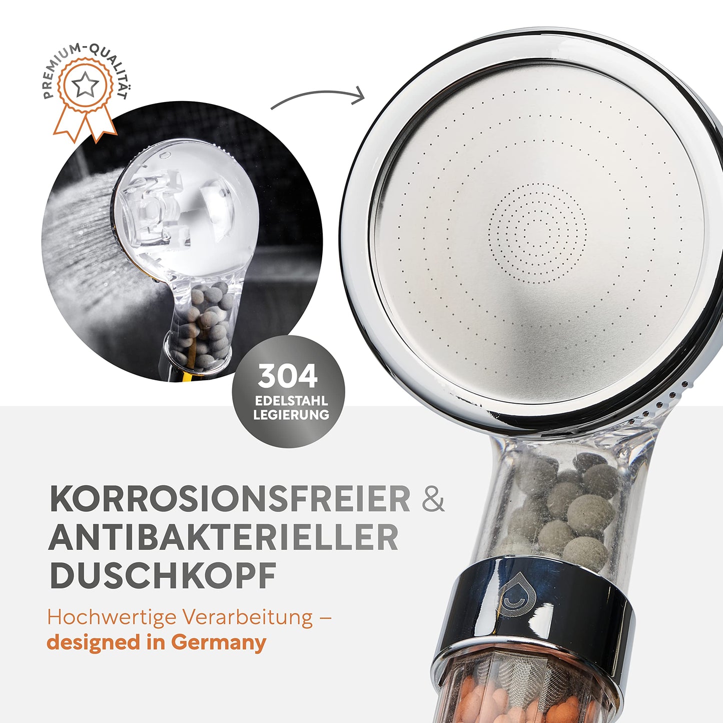 Premium shower head with mineral stones from happydrop - The water-saving handheld shower head with 3 spray modes.