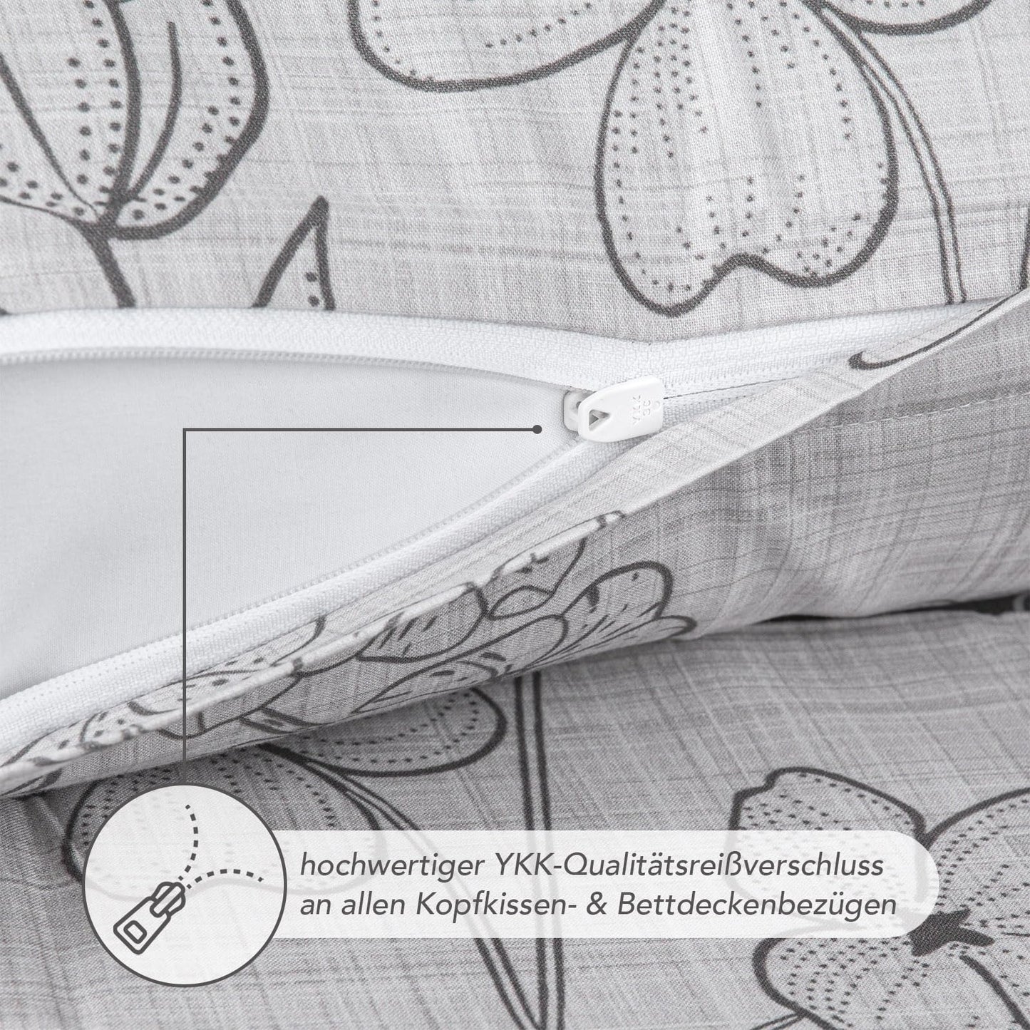 Pure label floral bedding 155x220 cm with one pillowcase 80x80 cm - Dreamily soft bedding set in grey made of 100% cotton with YKK zipper.
