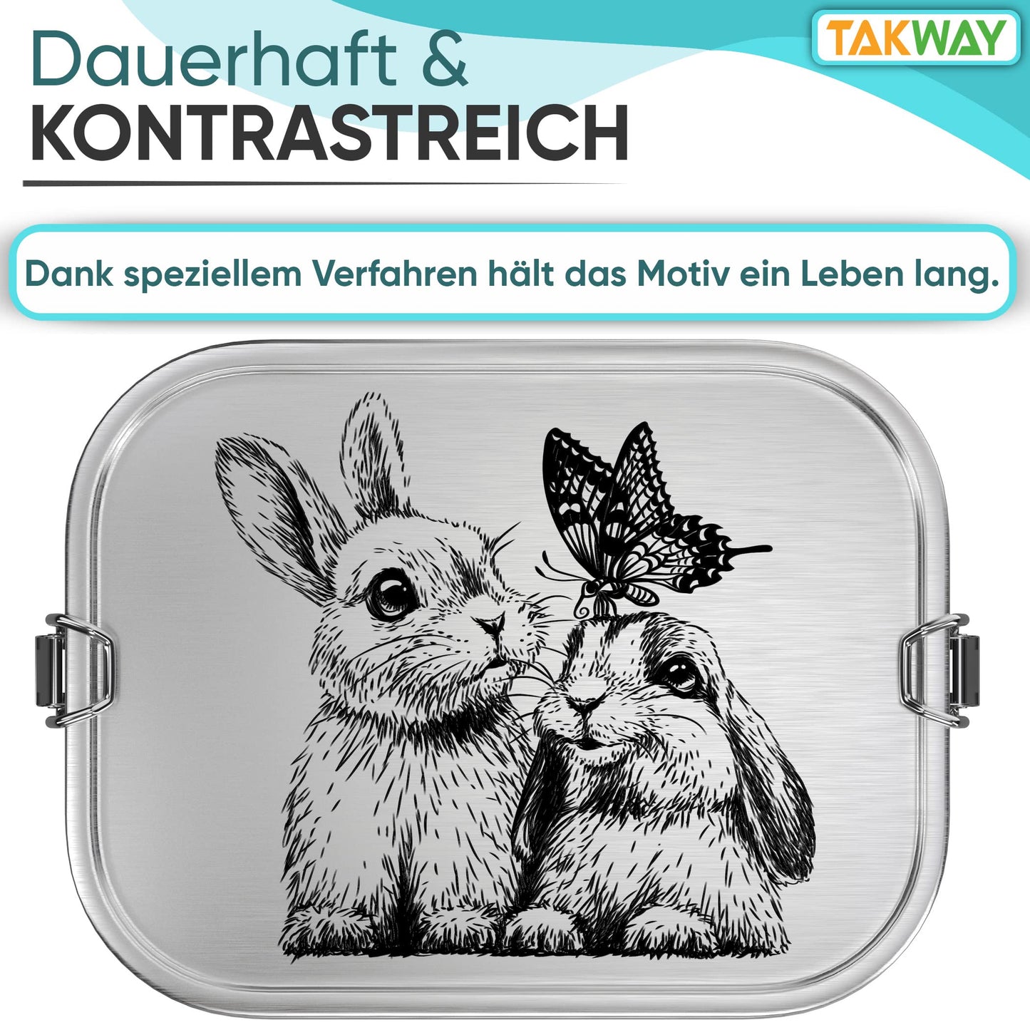 TAKWAY Stainless Steel Lunch Box for Kids with Compartments 800ml | Leak-proof | Bento Box with customizable divisions | Snack box for kindergarten, daycare, school (Bunny, divider)