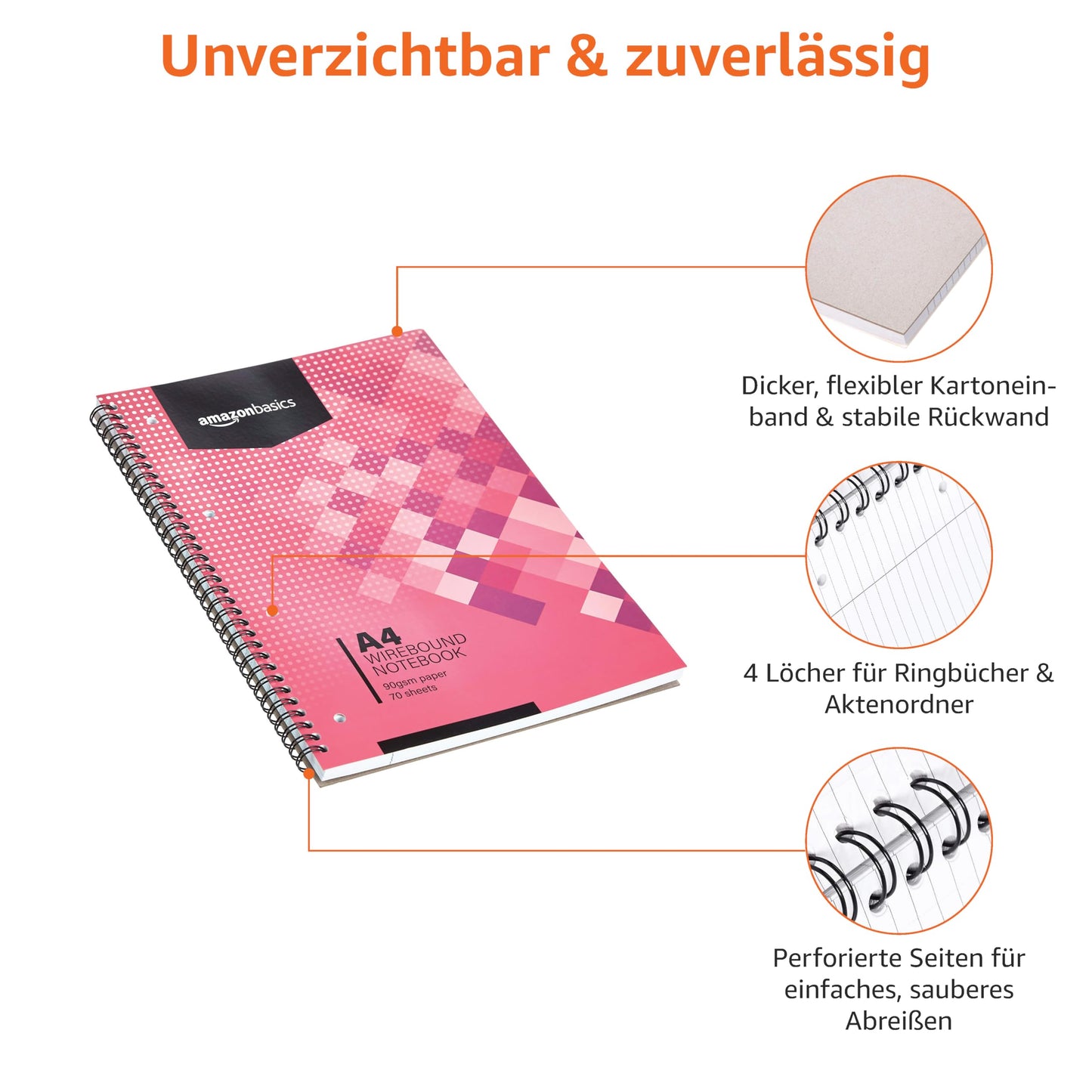Amazon Basics Spiral Notebook, in various colors, 70 sheets/140 pages, A4, 90GSM, 5 pack, White