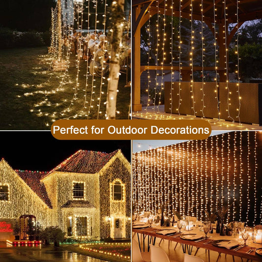 Yowin 6m x 3m 600 LED curtain lights with plug, 8 modes, waterproof waterfall light chain for outdoor/indoor use. Perfect for room, wedding, garden, pergola, and Christmas decoration.