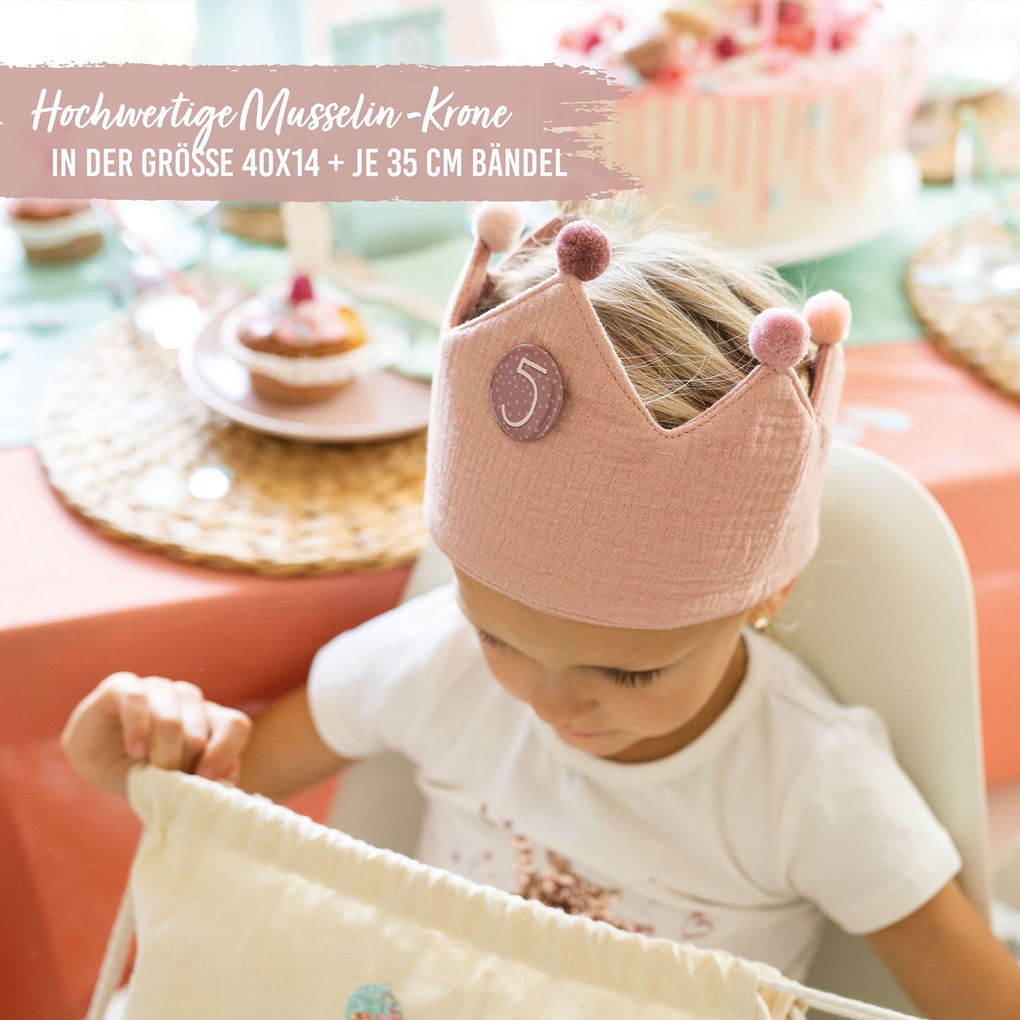 Paper Dragons Birthday Crown Muslin with Numbers - Pink - for Children's Birthday - Crown made of muslin fabric with button numbers from 1-8 | Party decoration hat for boys & girls