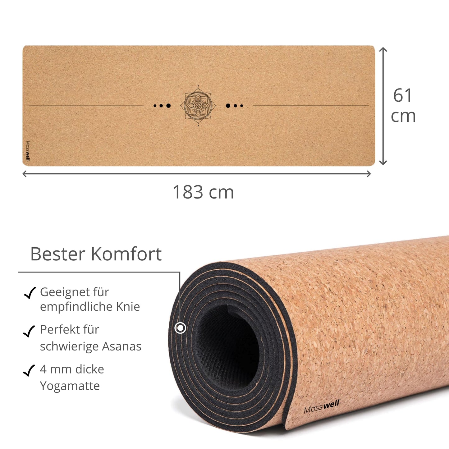 Mosswell Premium Cork Yoga Mat (4mm thick) - Non-slip fitness mat with alignment lines - Pilates mat + Yoga bag