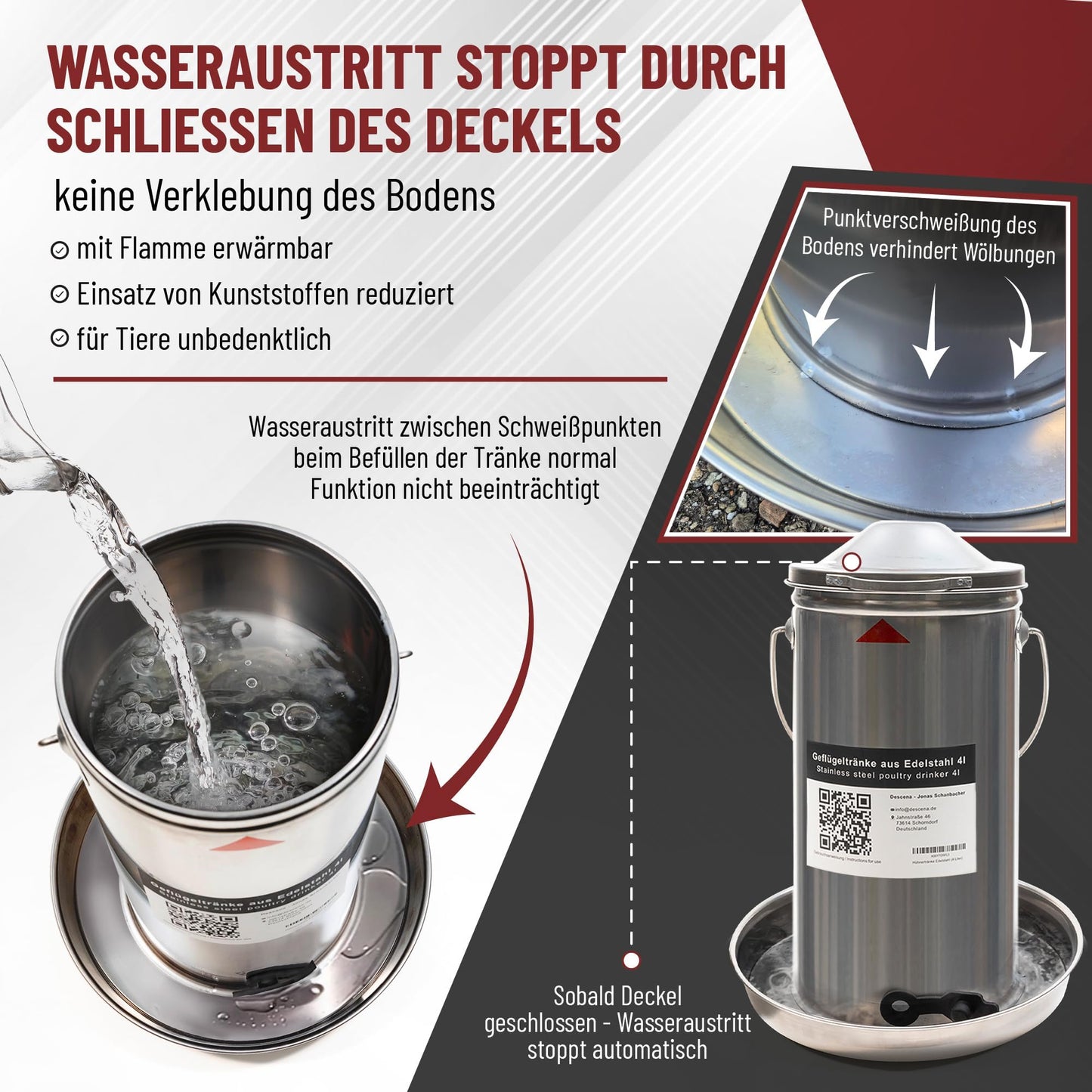 Chicken waterer 4 liters stainless steel: Poultry drinker metal easy cleaning | Heated chicken drinker compatible with candles + drink warmer for chickens.
