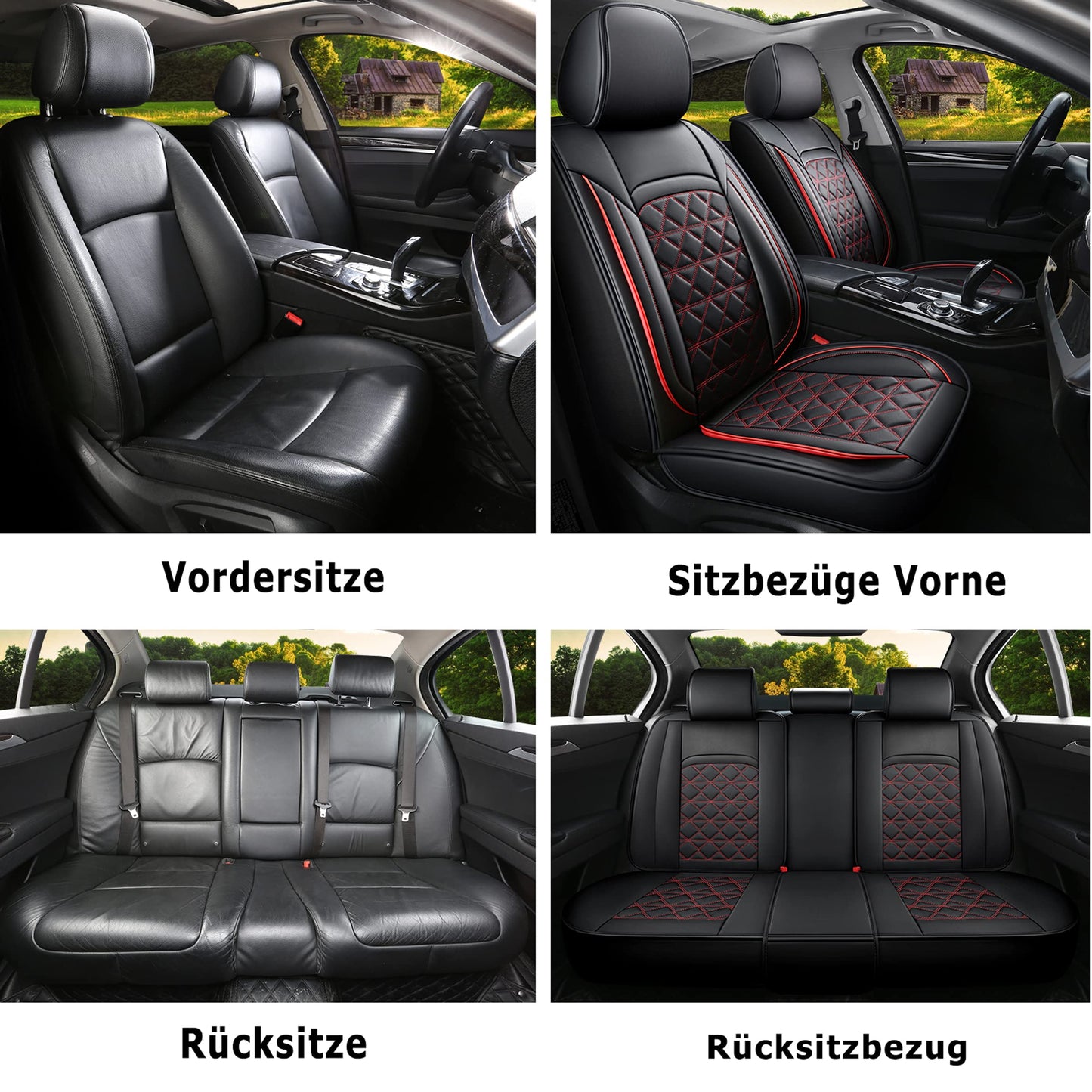 JDWBT Luxury Car Seat Covers Faux Leather Universal, Car Seat Covers Compatible Airbag, Car Seat Covers For Most Sedans, SUVs (Black Red, Full Set)