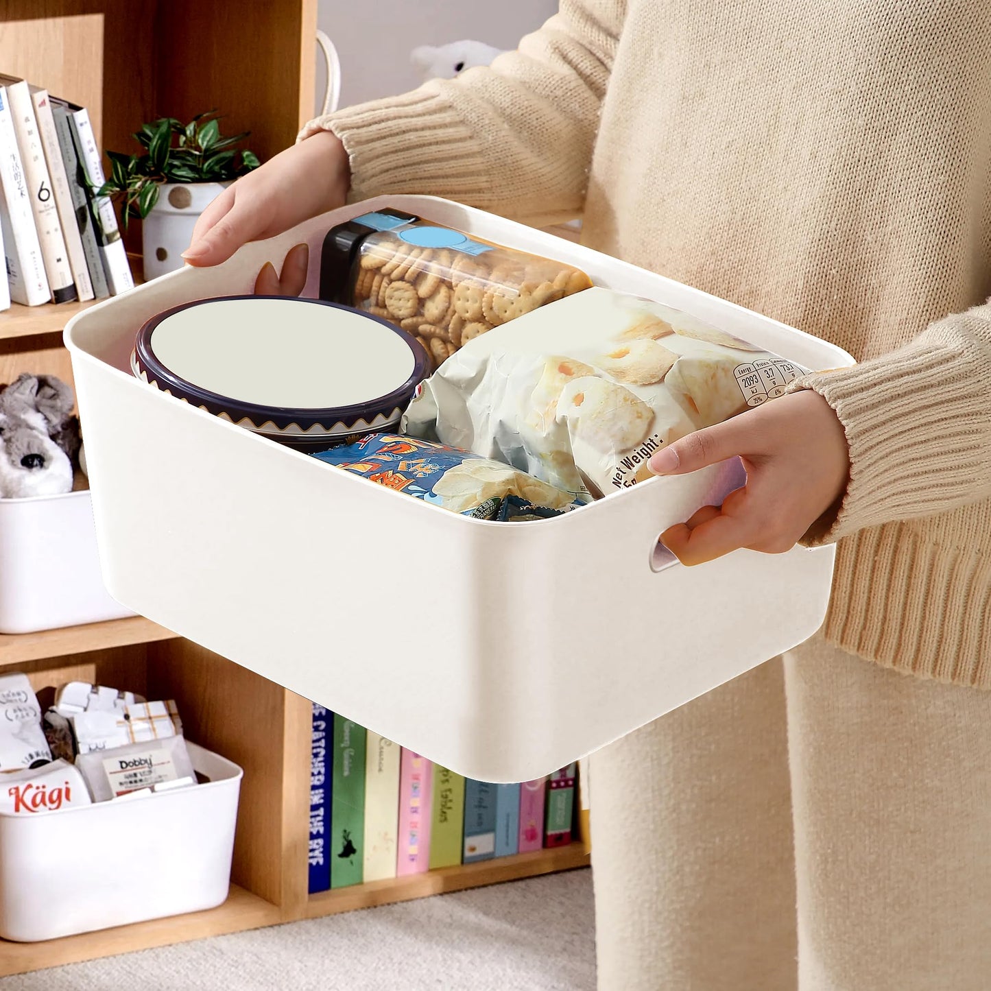 LYLIDIA 10 Piece Storage Box Plastic 30 cm Storage Basket Large White Basket Storage Plastic Box Baskets Plastic Box for Bathroom Kitchen Cabinet Shelf Organizer Boxes