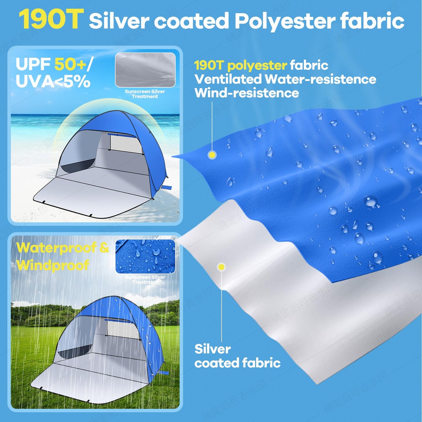 Jsdoin Beach Shelter Pop Up with UV Protection, Pop Up Tent Beach Tent, Suitcase Suitable Tent for L (2-3) People/XL (3-4) People incl. Pop-up Beach Tent for Camping Garden Families with Carry Bag.