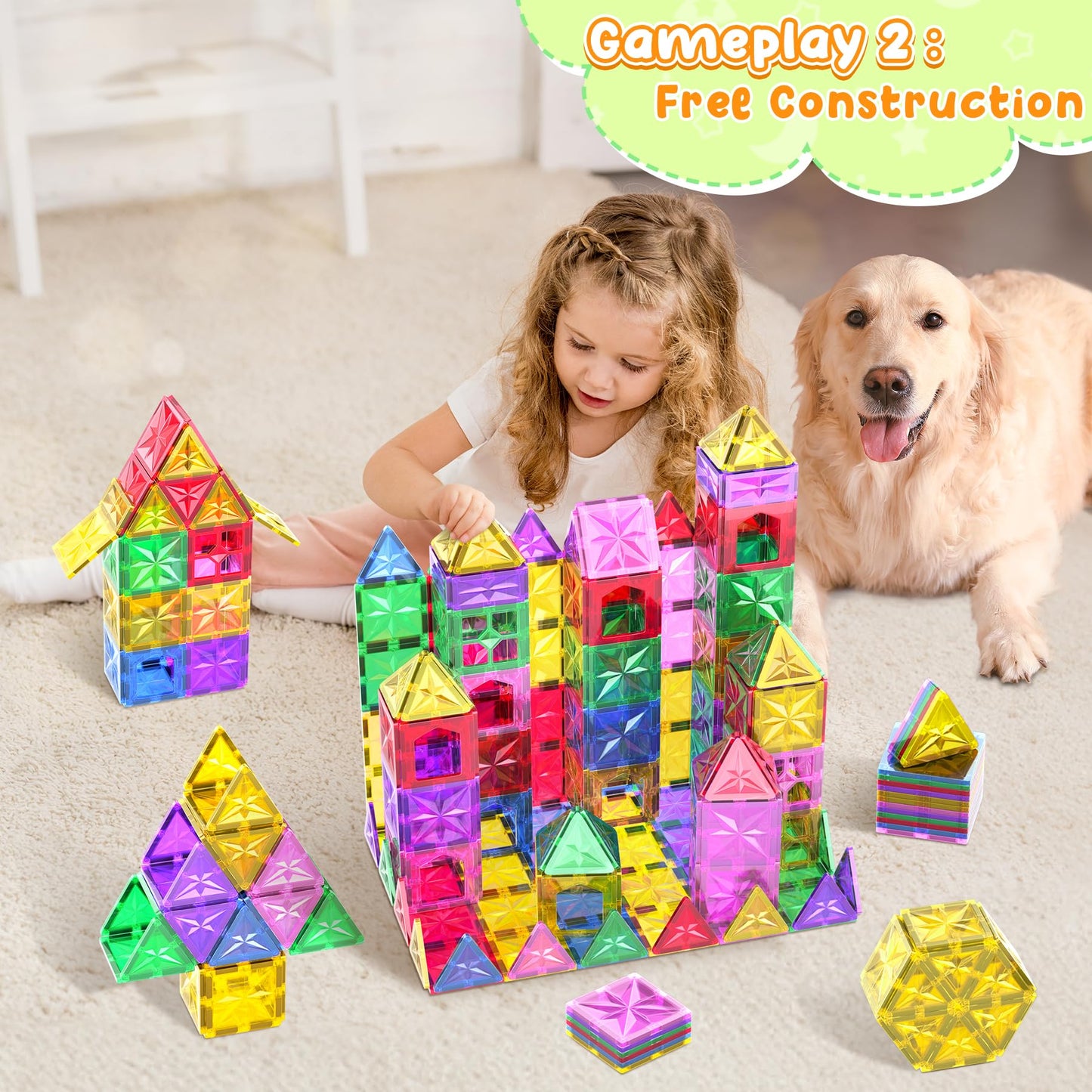 Perbabe Magnetic Building Blocks, 72 Piece Magnets Kids Stronger Magnetic Building Blocks, Magnetic Tiles City Streets Set with 2 Cars Magnetic Game for 3 4 5 6 7 8 Years Preschool Learning