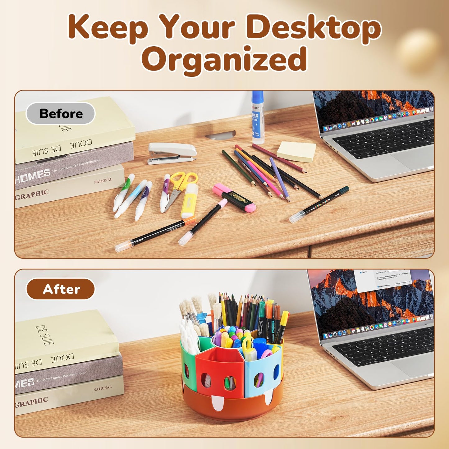 GAMENOTE Rotating Pen Holder Desk Organizer - Kids Desk Container for Tidying up and Storing, Revolving Shelf for Office Supplies School Supplies Craft Storage (Small)
