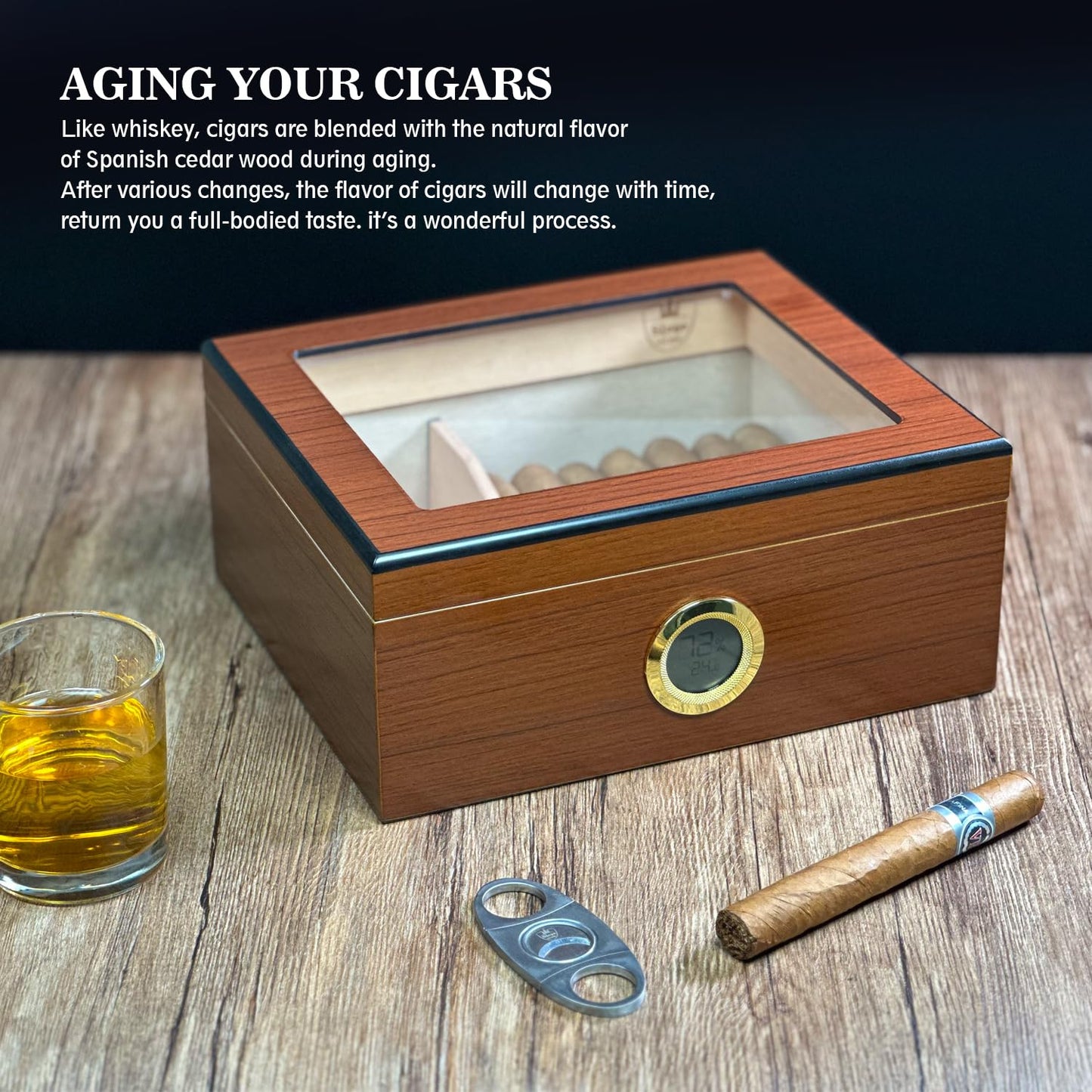 Slege Cigars Humidor, Humidor Cigars Spanish Cedar, with Digital Hygrometer, INOX Cigars Humidifier, Divider, Cuban Cigars Accessories, Gift for Men, German Manual (Brown)