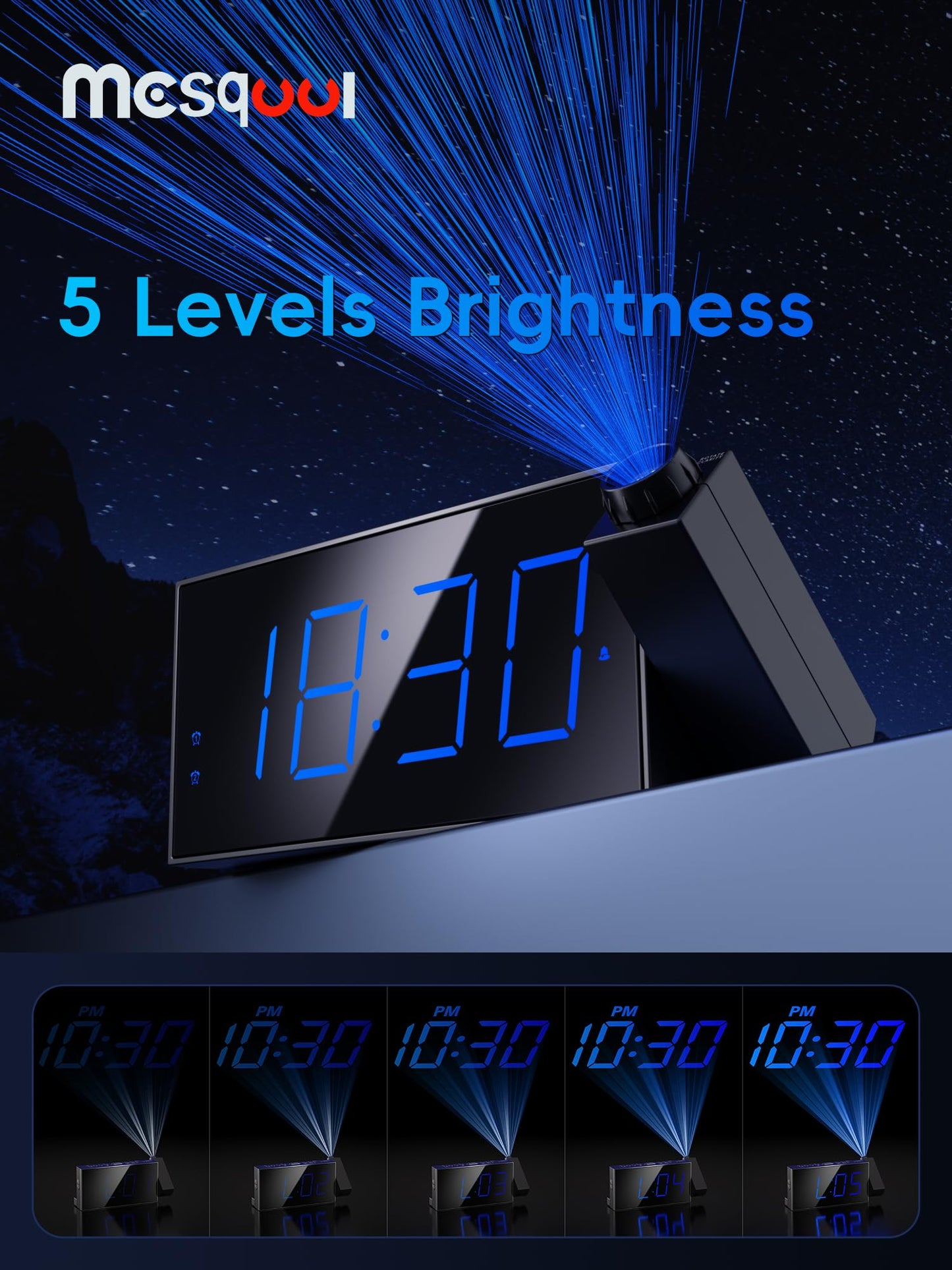 Projection alarm clock, 7-inch digital display and dimmer, dual alarms, USB port, adjustable alarm volume, snooze, 12/24 hour format, battery backup for bedroom, ceiling, wall, home, kids, seniors.