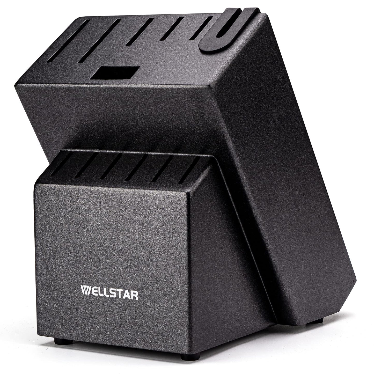Knife block without knives, WELLSTAR Natural Wood Kitchen Knife Block without Knives – Hardwood Countertop Knife Storage with Built-In Knife Sharpener - Black